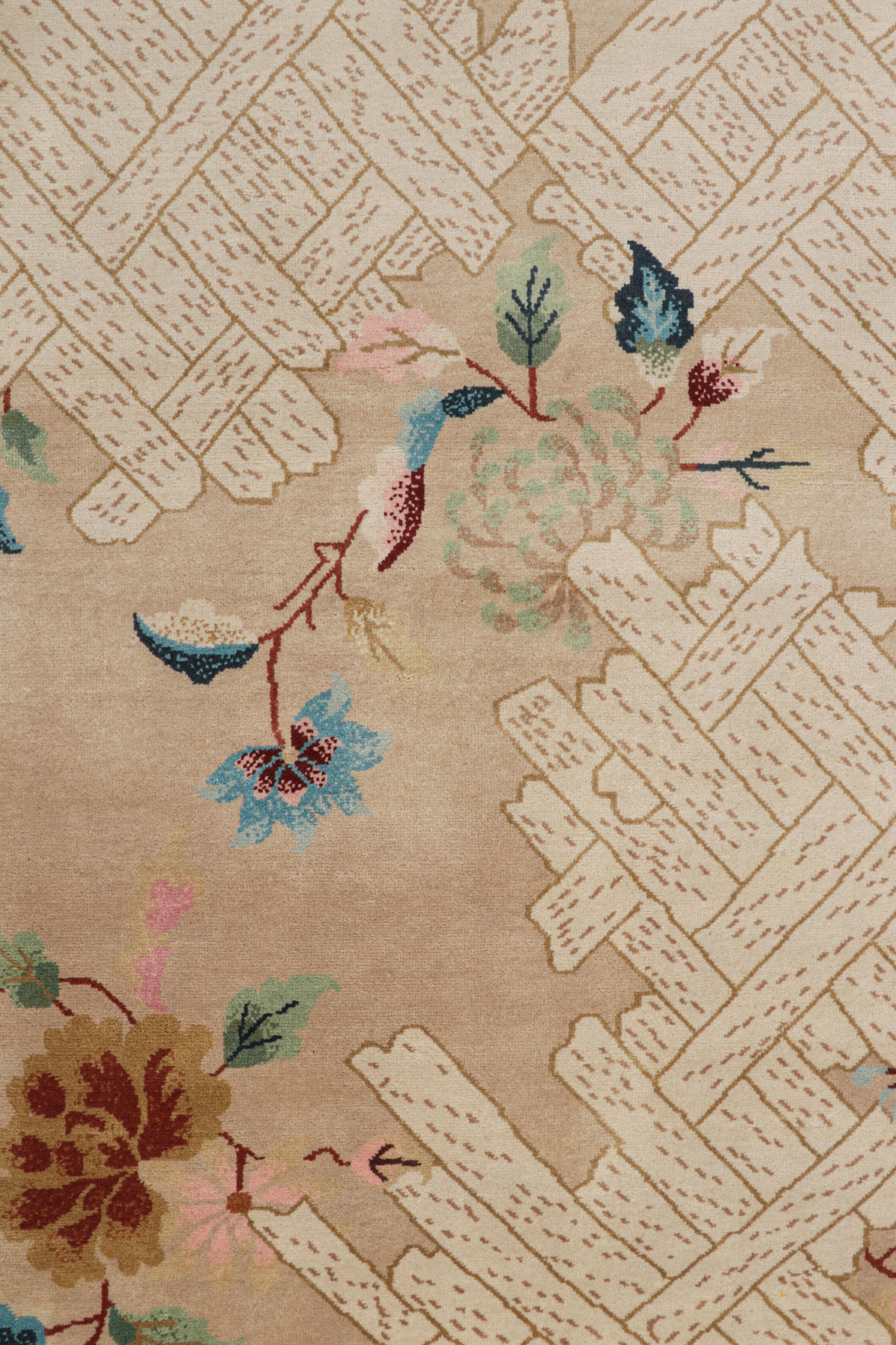Contemporary Rug & Kilim’s Chinese Style Art Deco Rug in Beige with Colorful Florals For Sale