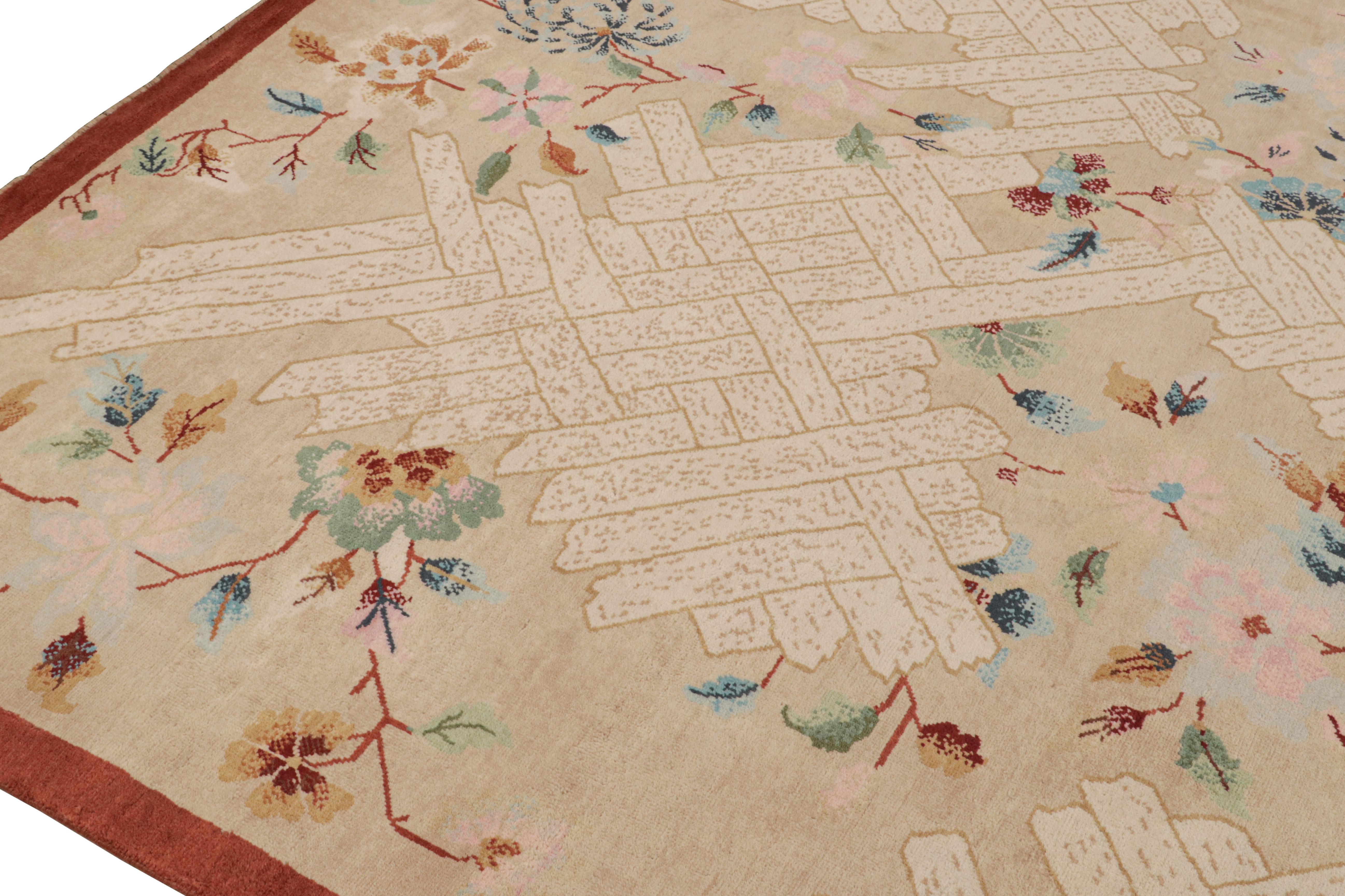 Contemporary Rug & Kilim’s Chinese Style Art Deco rug in Beige with Colorful Florals For Sale