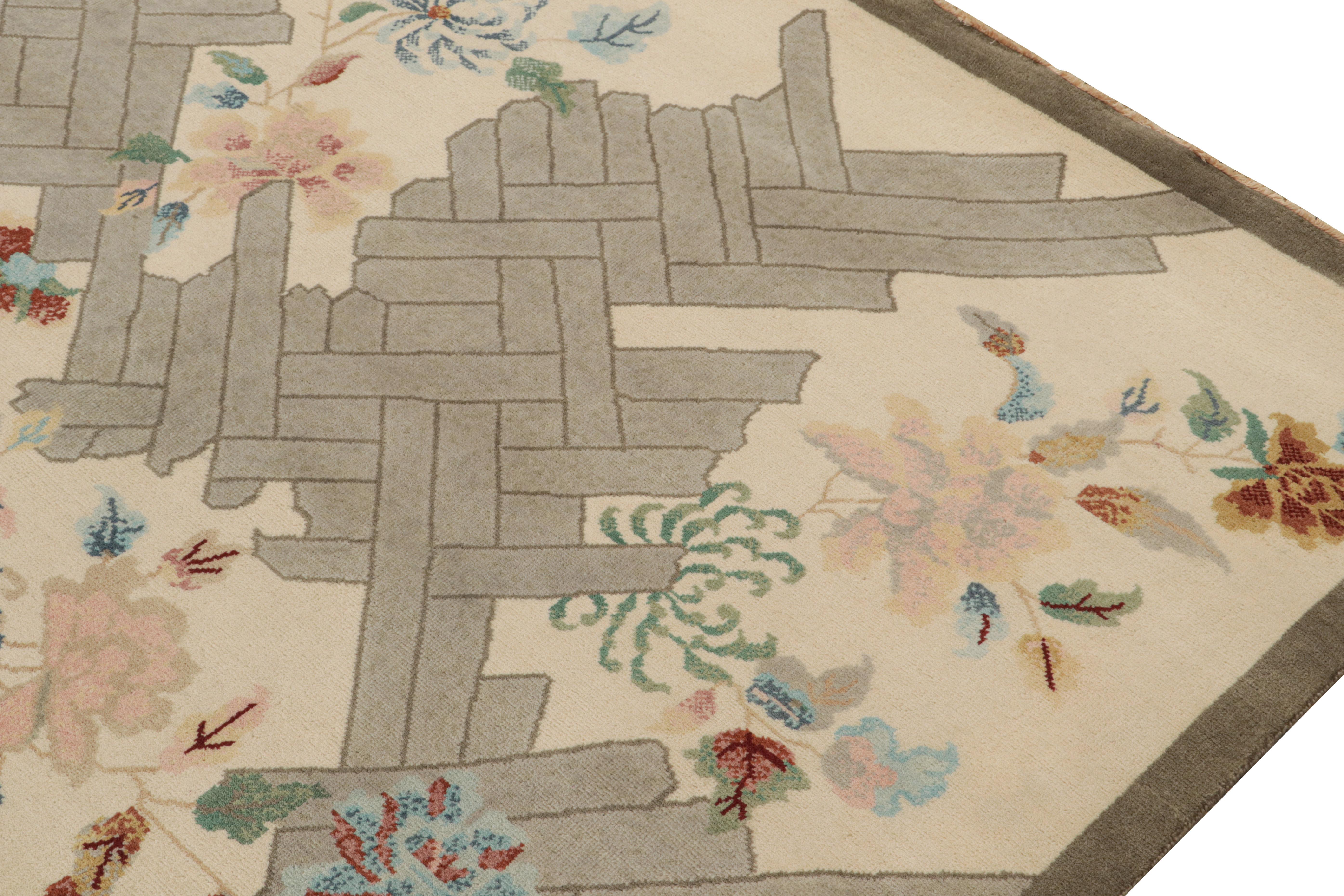 Contemporary Rug & Kilim’s Chinese Style Art Deco Rug in Beige with Colorful Florals For Sale