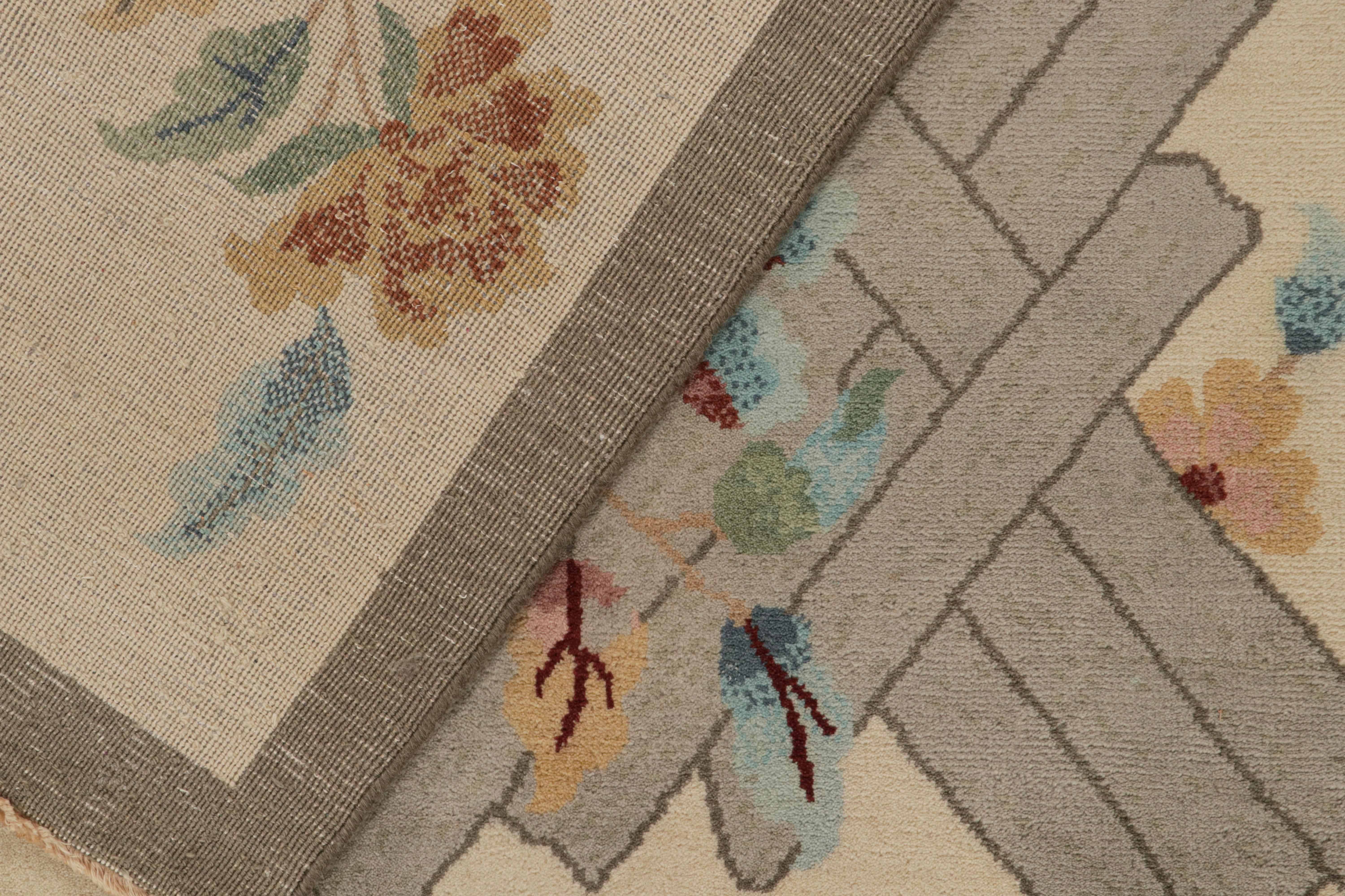 Wool Rug & Kilim’s Chinese Style Art Deco Rug in Beige with Colorful Florals For Sale