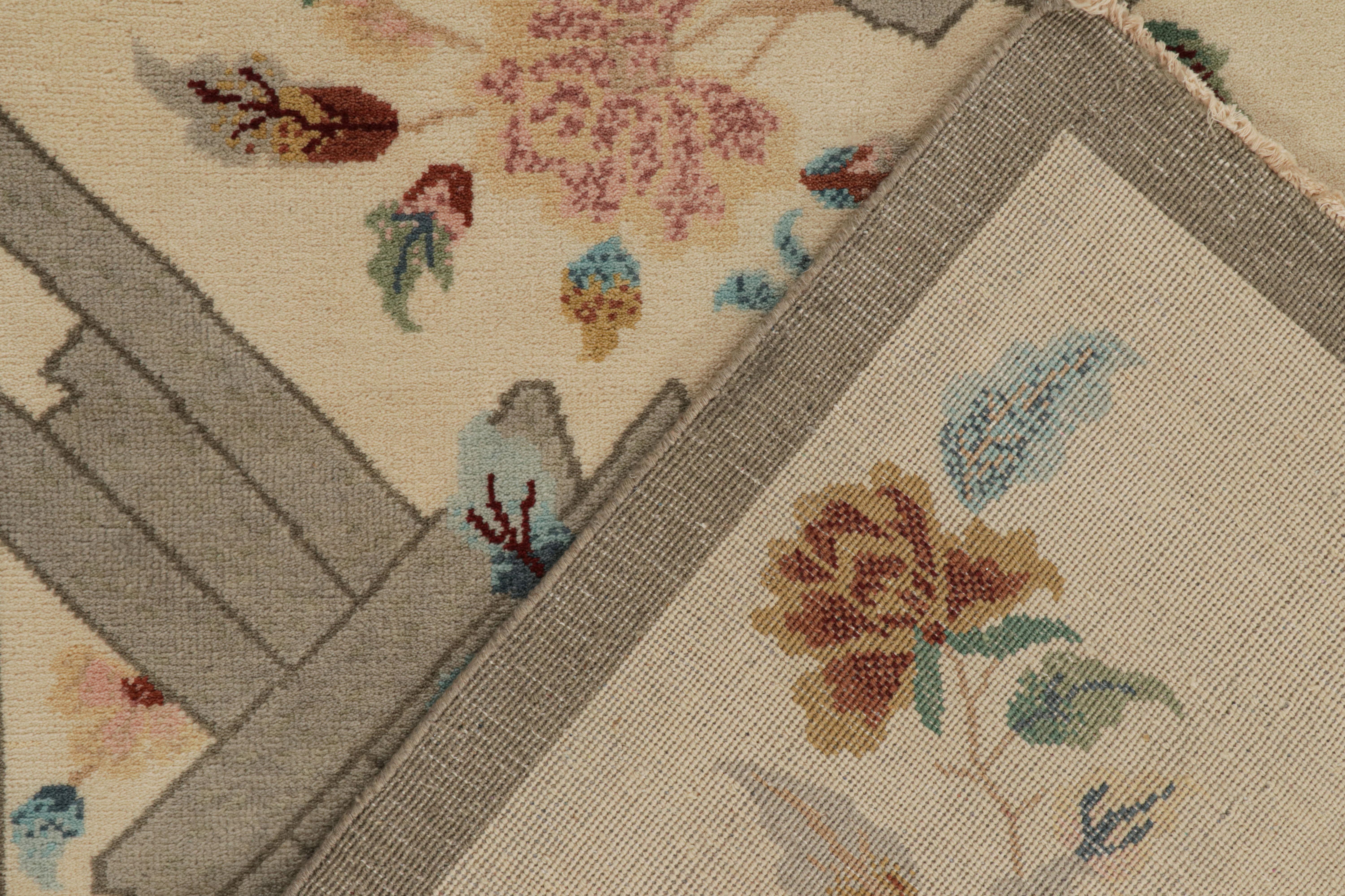Wool Rug & Kilim’s Chinese Style Art Deco Rug in Beige with Colorful Florals For Sale