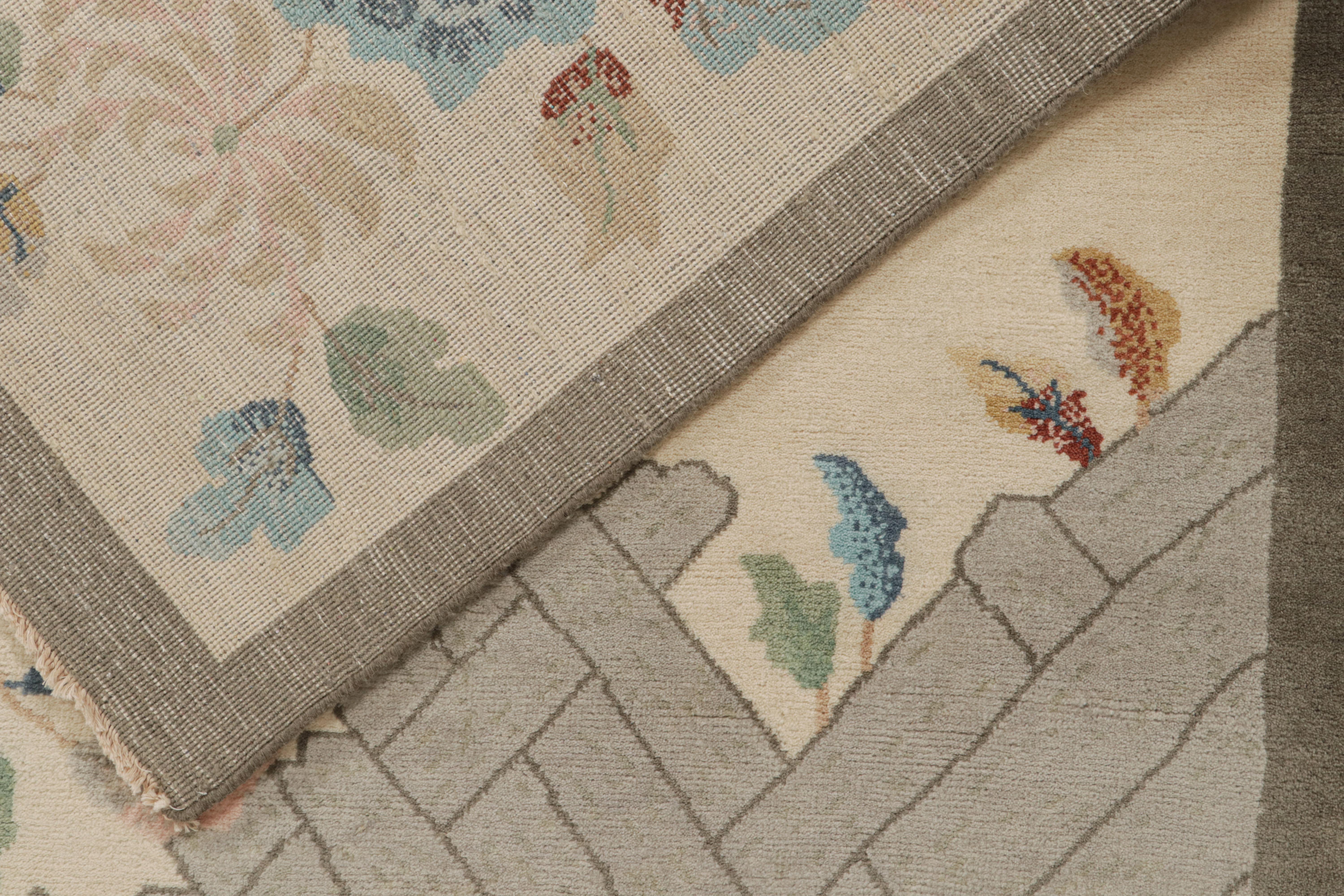 Wool Rug & Kilim’s Chinese Style Art Deco rug in Beige with Colorful Florals For Sale