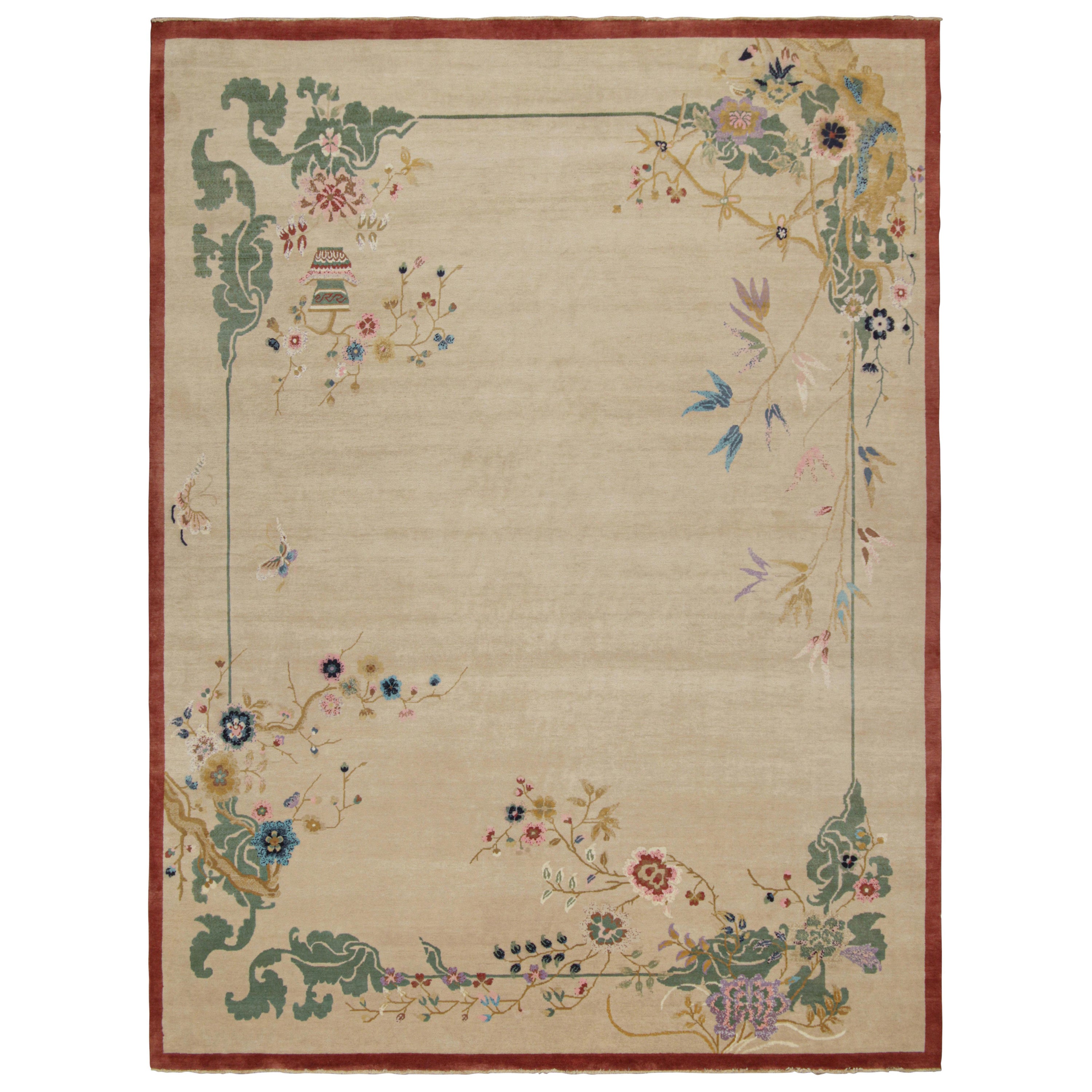 Alfombra Art Decó de estilo chino de Rug & Kilim en beige con flores de colores