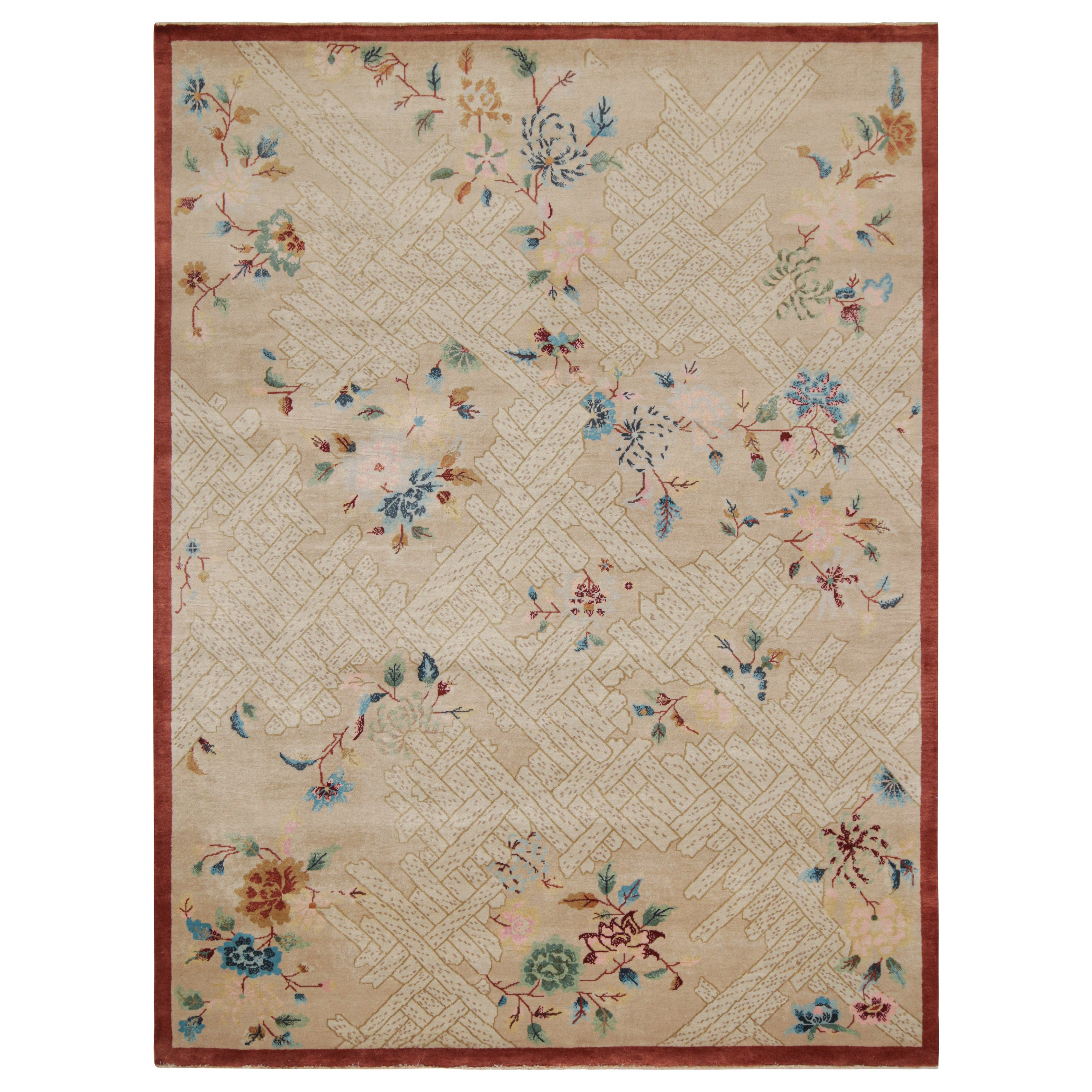Rug & Kilim’s Chinese Style Art Deco Rug in Beige with Colorful Florals For Sale