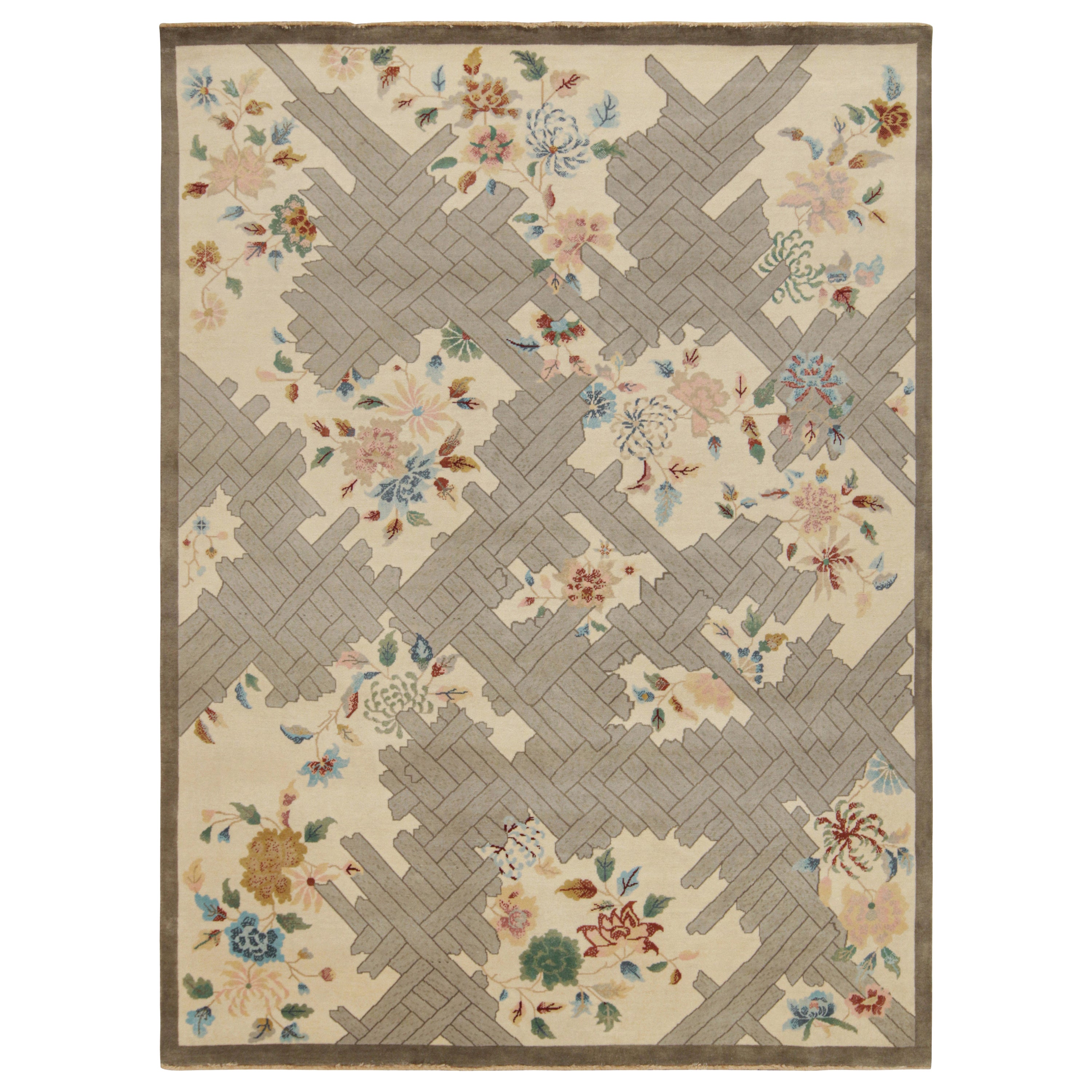 Rug & Kilim’s Chinese Style Art Deco Rug in Beige with Colorful Florals For Sale