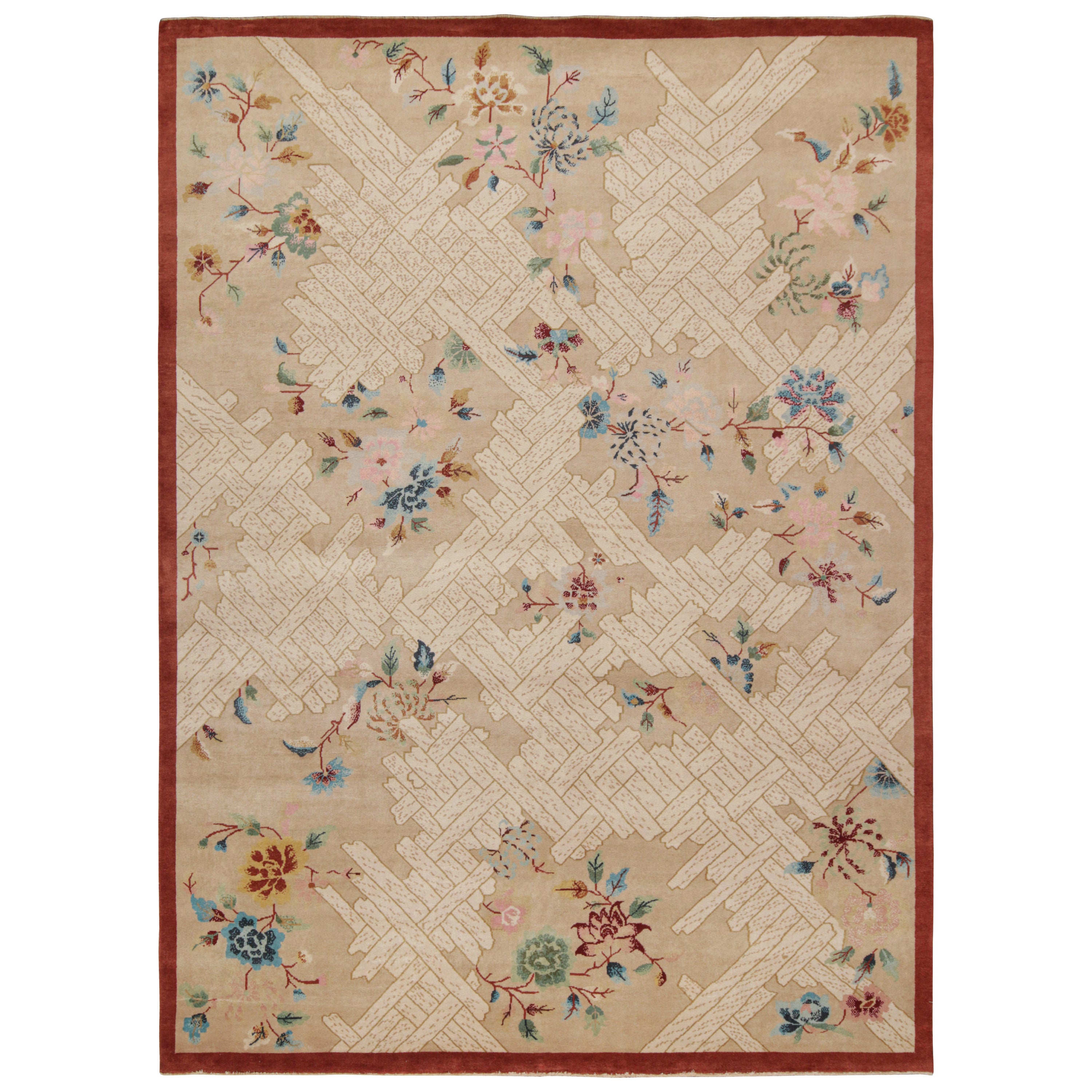 Rug & Kilim’s Chinese Style Art Deco rug in Beige with Colorful Florals For Sale