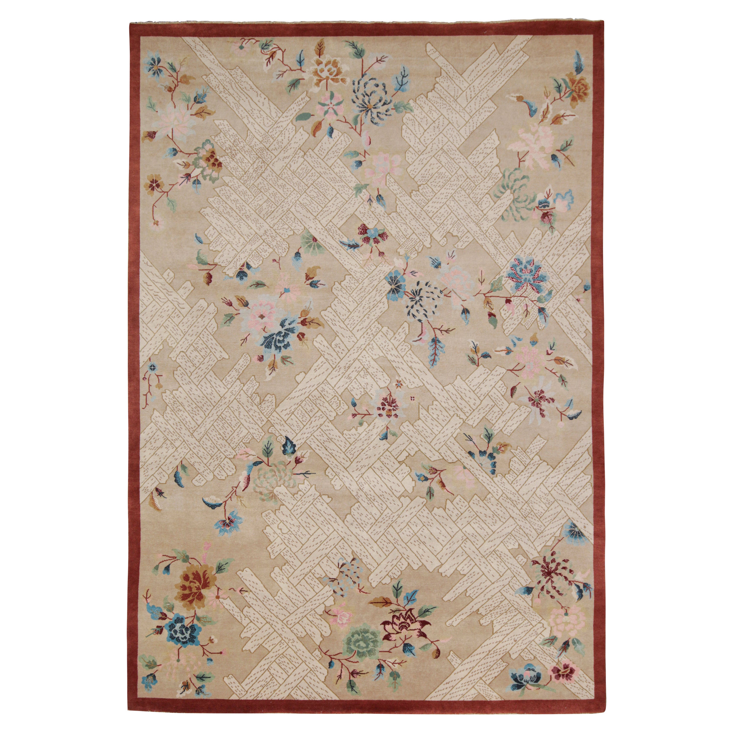 Rug & Kilim’s Chinese Style Art Deco Rug in Beige with Colorful Florals For Sale