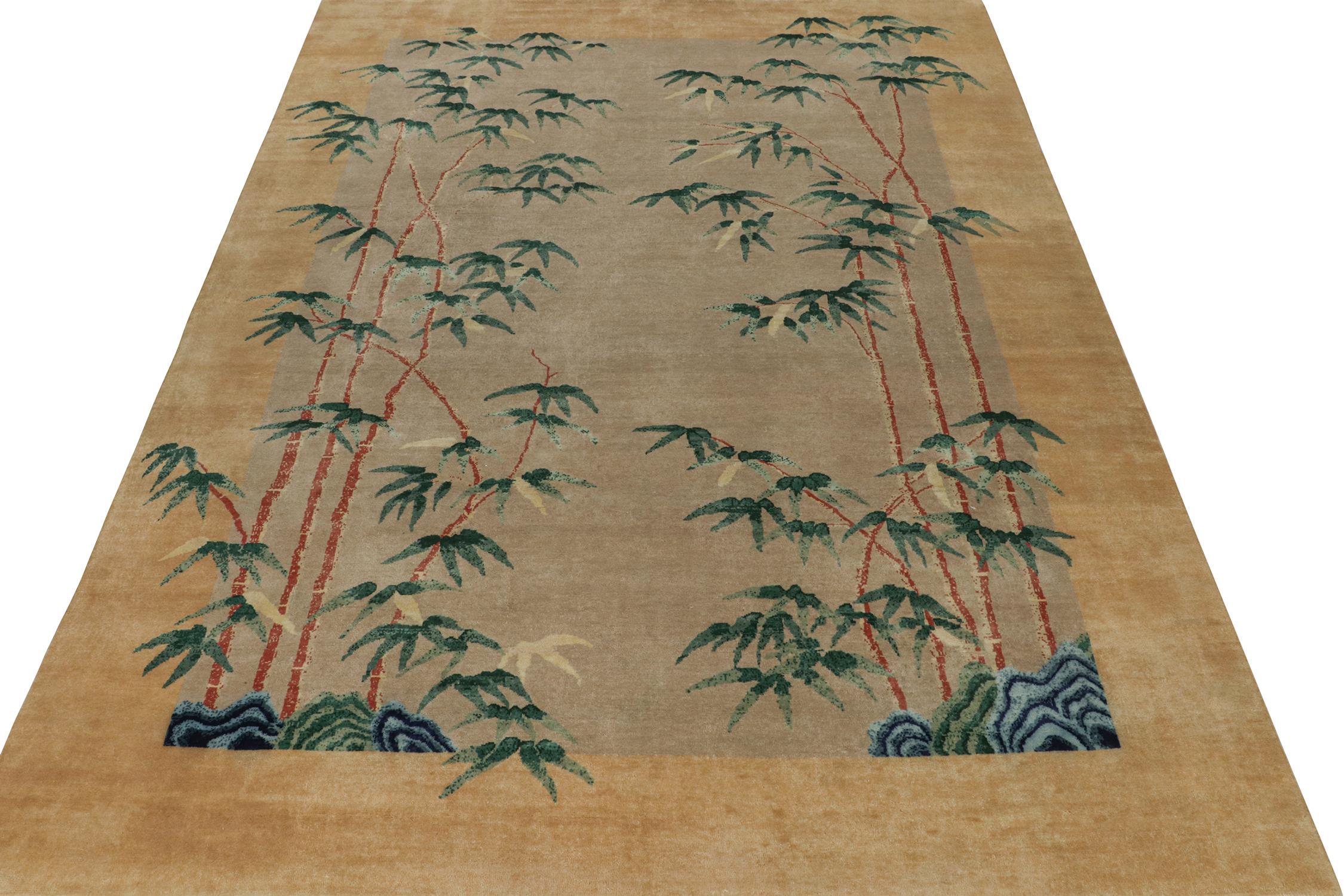 Indian Rug & Kilim’s Chinese Style Art Deco Rug in Beige with Green and Blue Florals For Sale