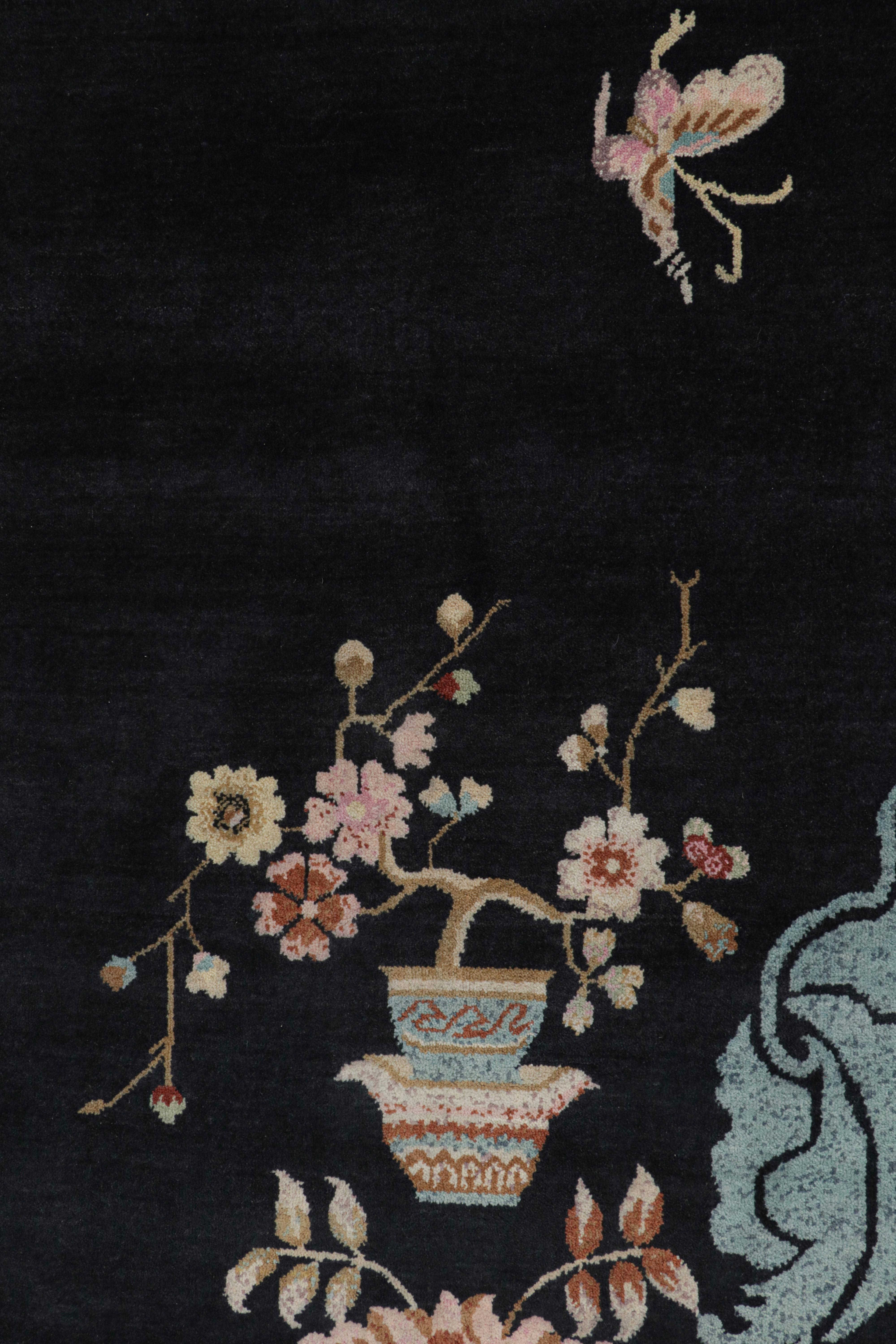Indian Rug & Kilim’s Chinese Style Art Deco rug in Blue-Black with Colorful Florals For Sale
