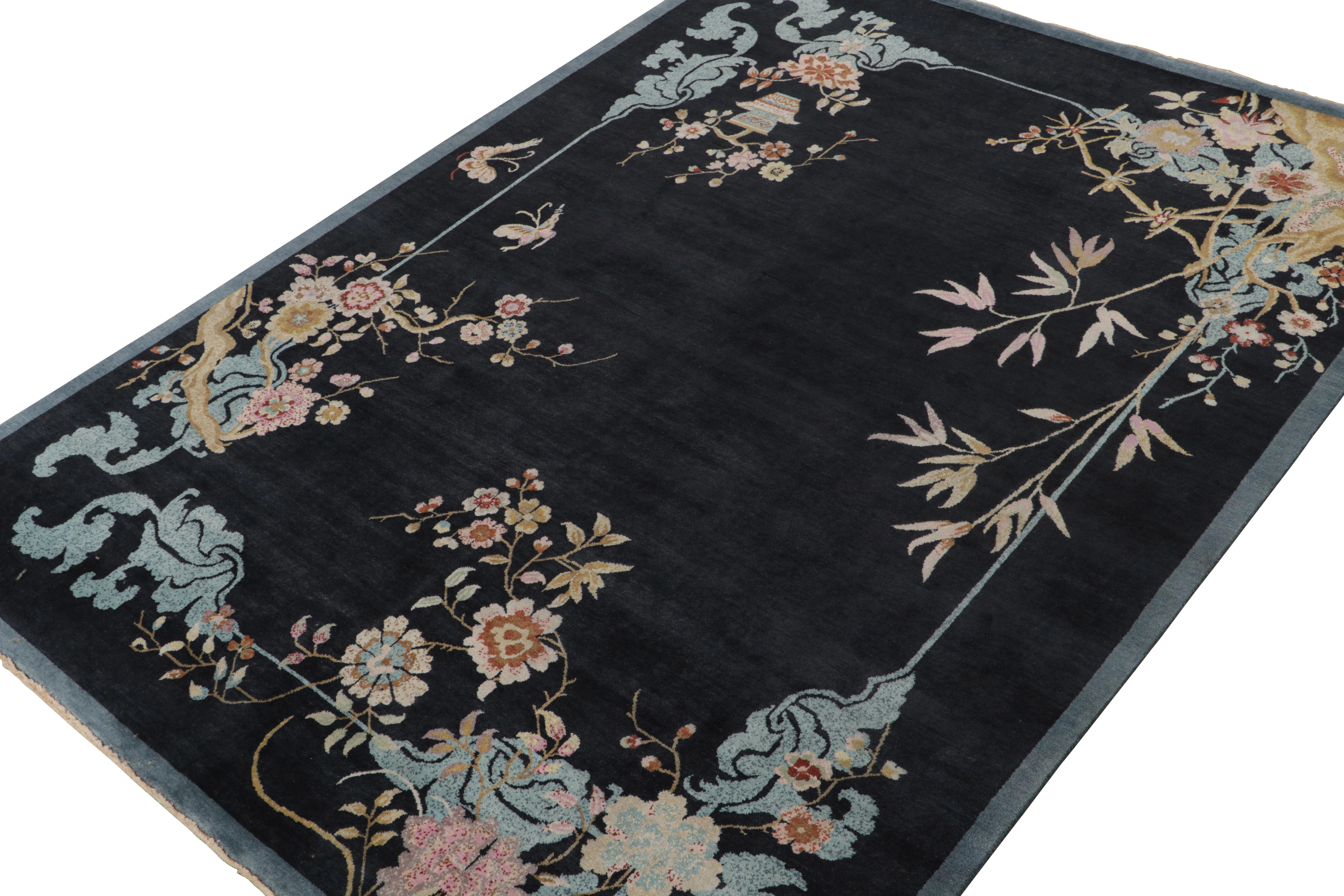 Hand-Knotted Rug & Kilim’s Chinese Style Art Deco rug in Blue-Black with Colorful Florals For Sale