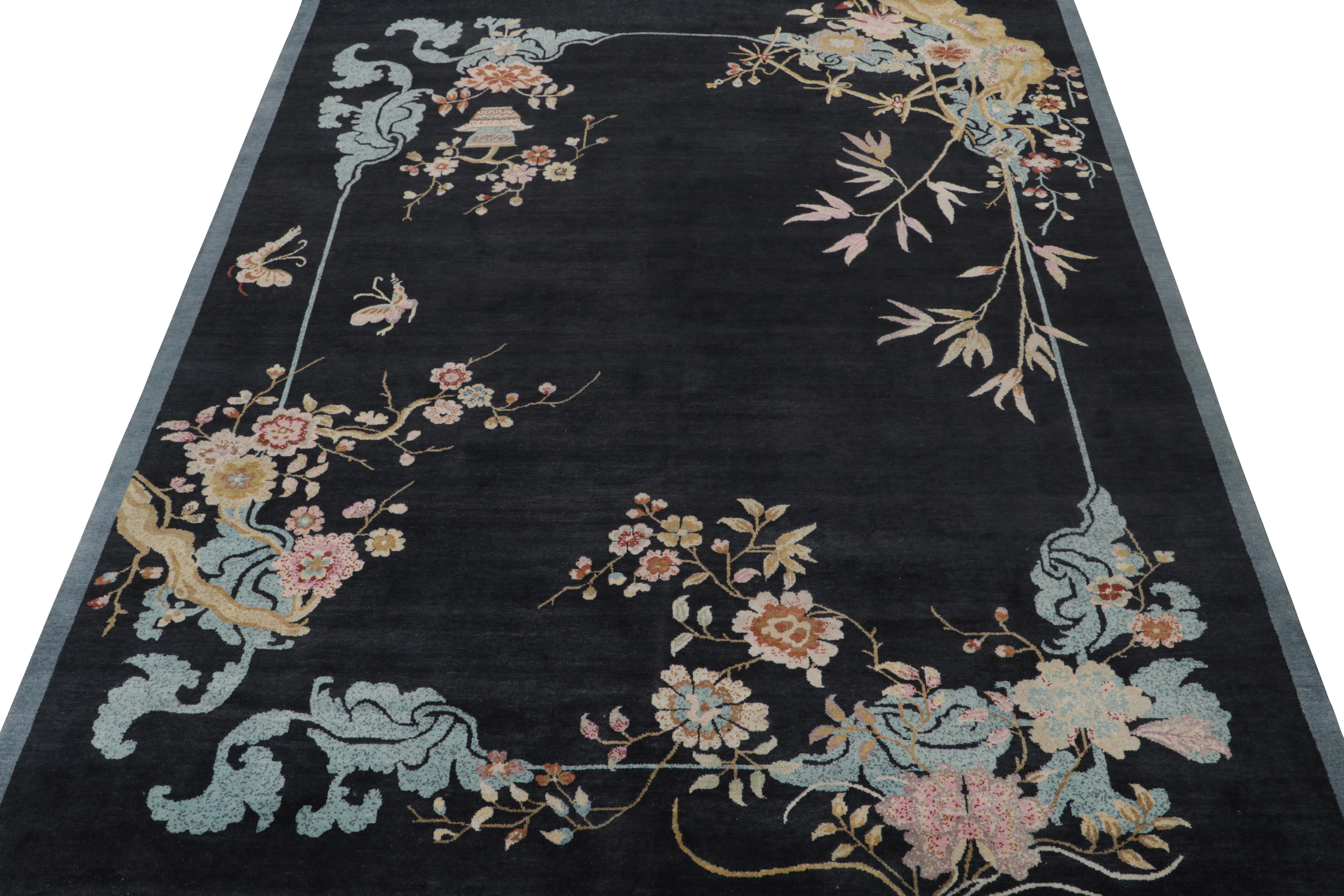 Rug & Kilim’s Chinese Style Art Deco rug in Blue-Black with Colorful Florals In New Condition For Sale In Long Island City, NY