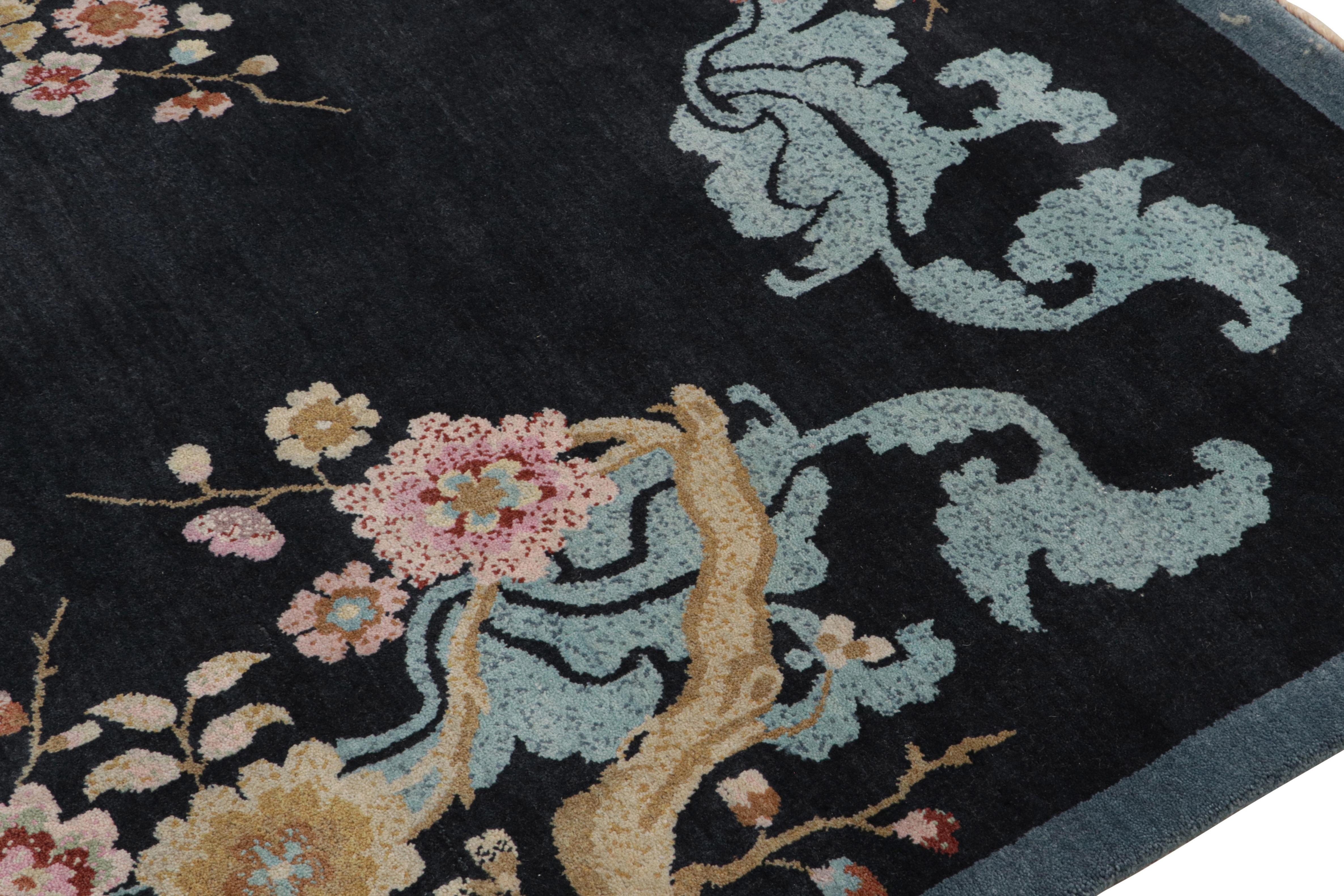 Contemporary Rug & Kilim’s Chinese Style Art Deco rug in Blue-Black with Colorful Florals For Sale