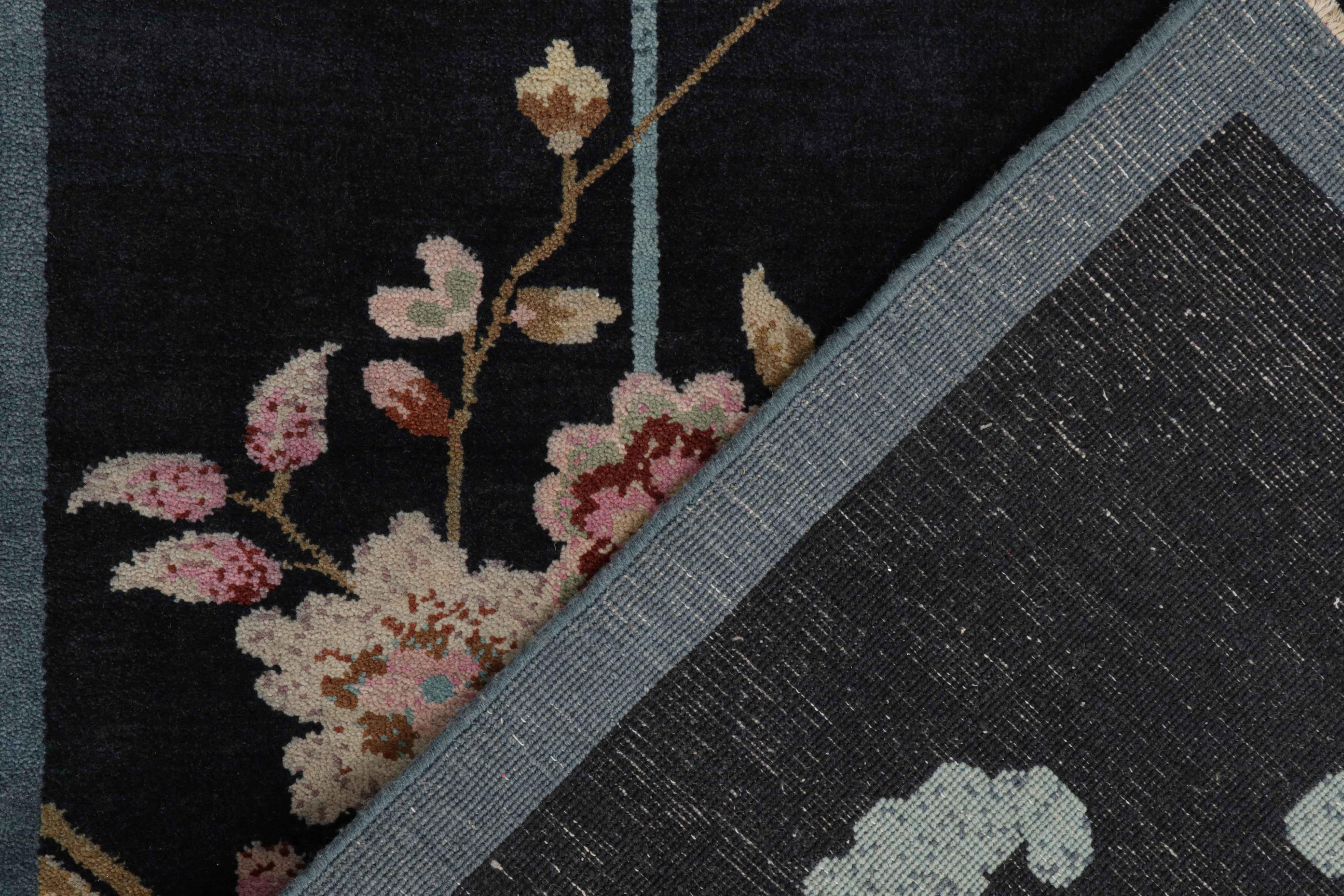 Wool Rug & Kilim’s Chinese Style Art Deco rug in Blue-Black with Colorful Florals For Sale