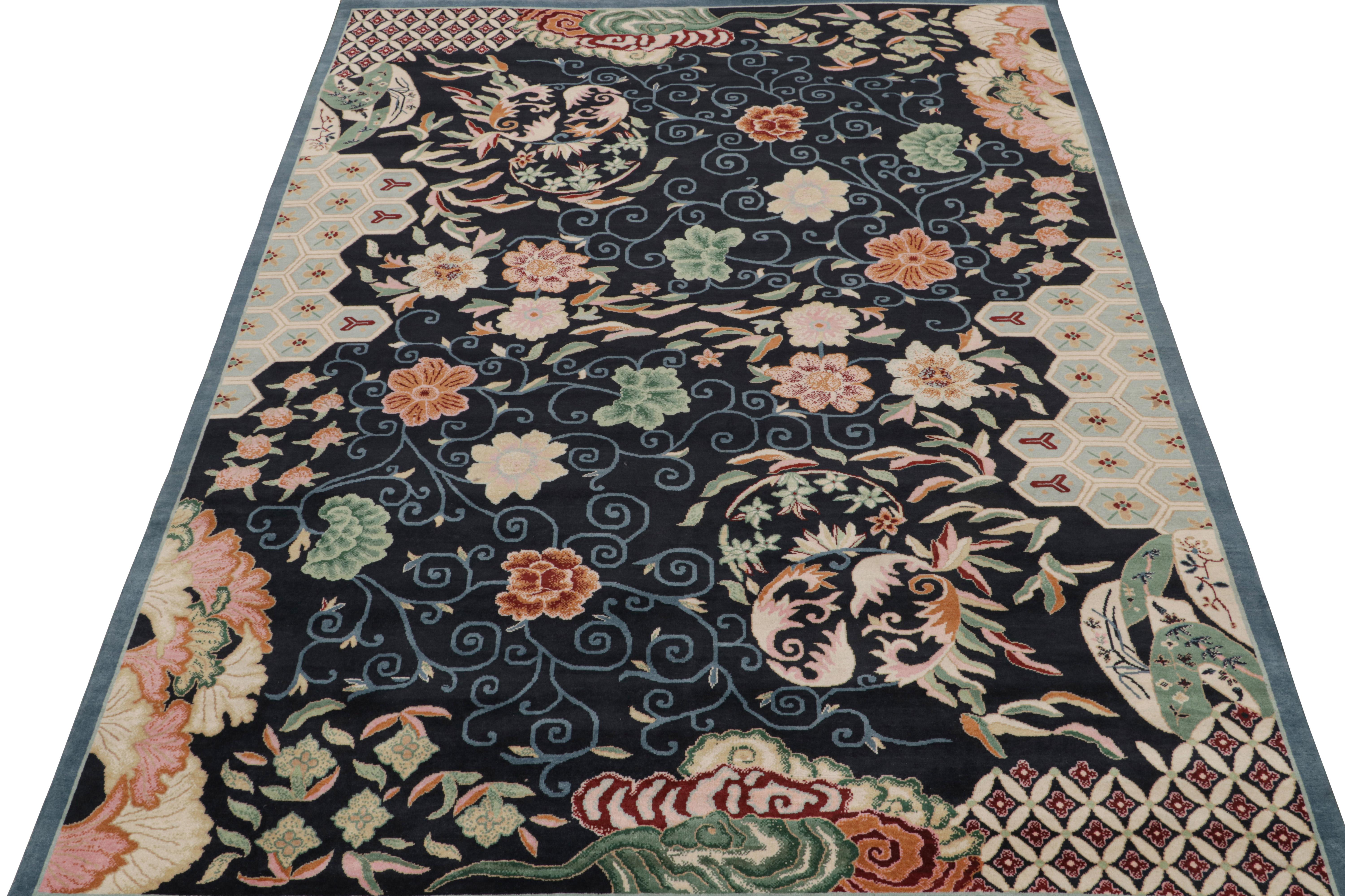 Indian Rug & Kilim’s Chinese Style Art Deco rug in Blue with Colorful Florals For Sale