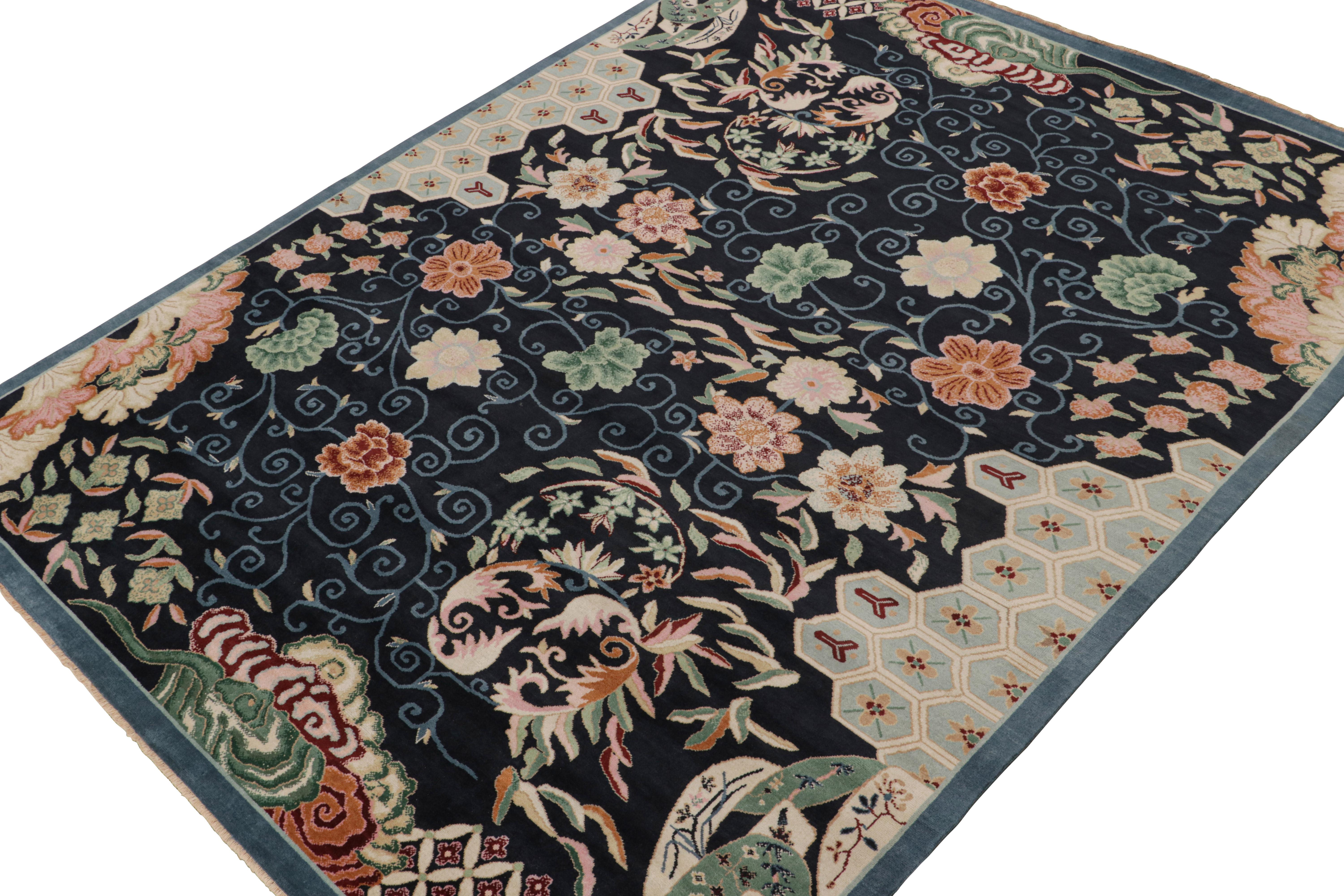 Hand-Knotted Rug & Kilim’s Chinese Style Art Deco rug in Blue with Colorful Florals For Sale