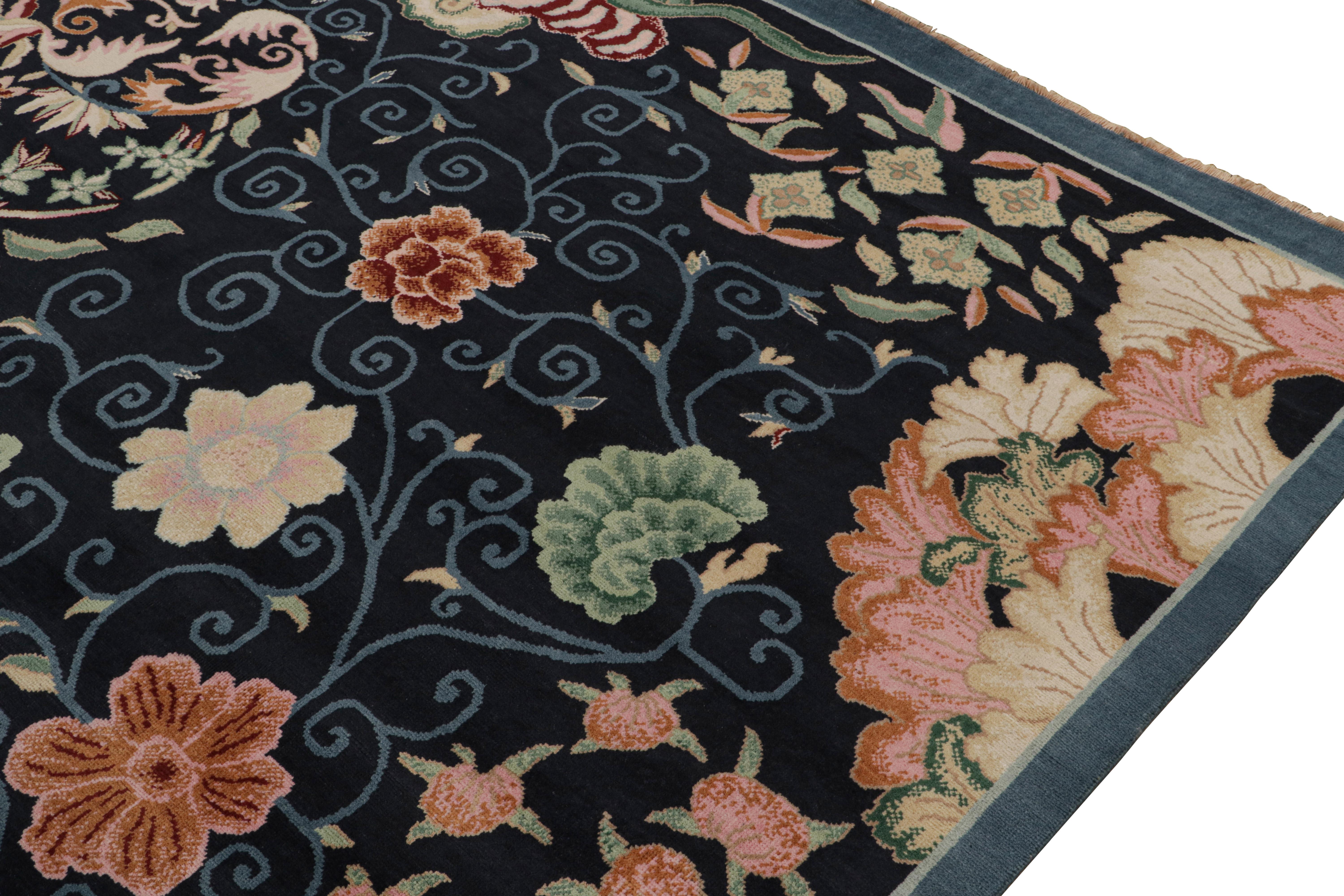 Rug & Kilim’s Chinese Style Art Deco rug in Blue with Colorful Florals In New Condition For Sale In Long Island City, NY