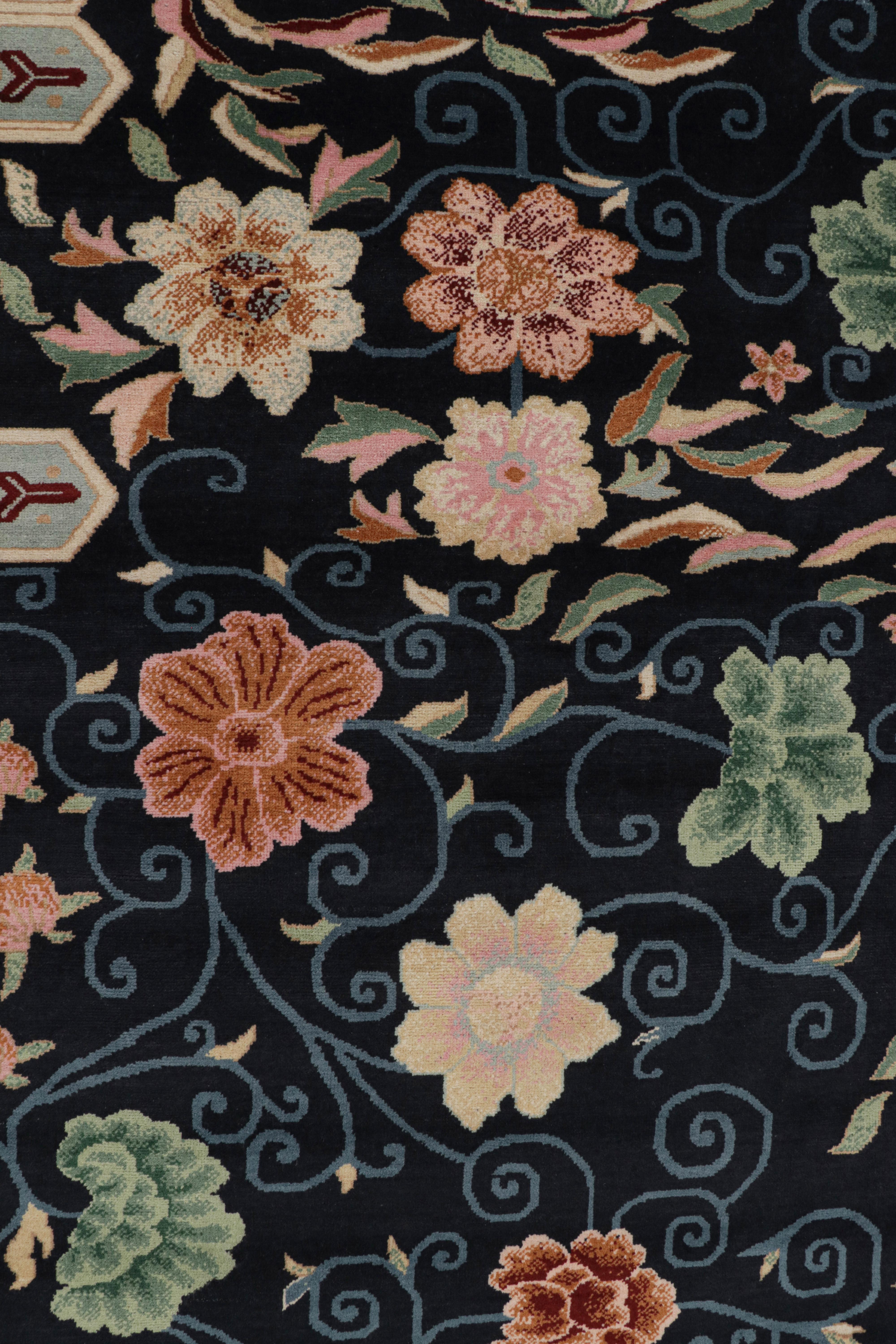 Contemporary Rug & Kilim’s Chinese Style Art Deco rug in Blue with Colorful Florals For Sale