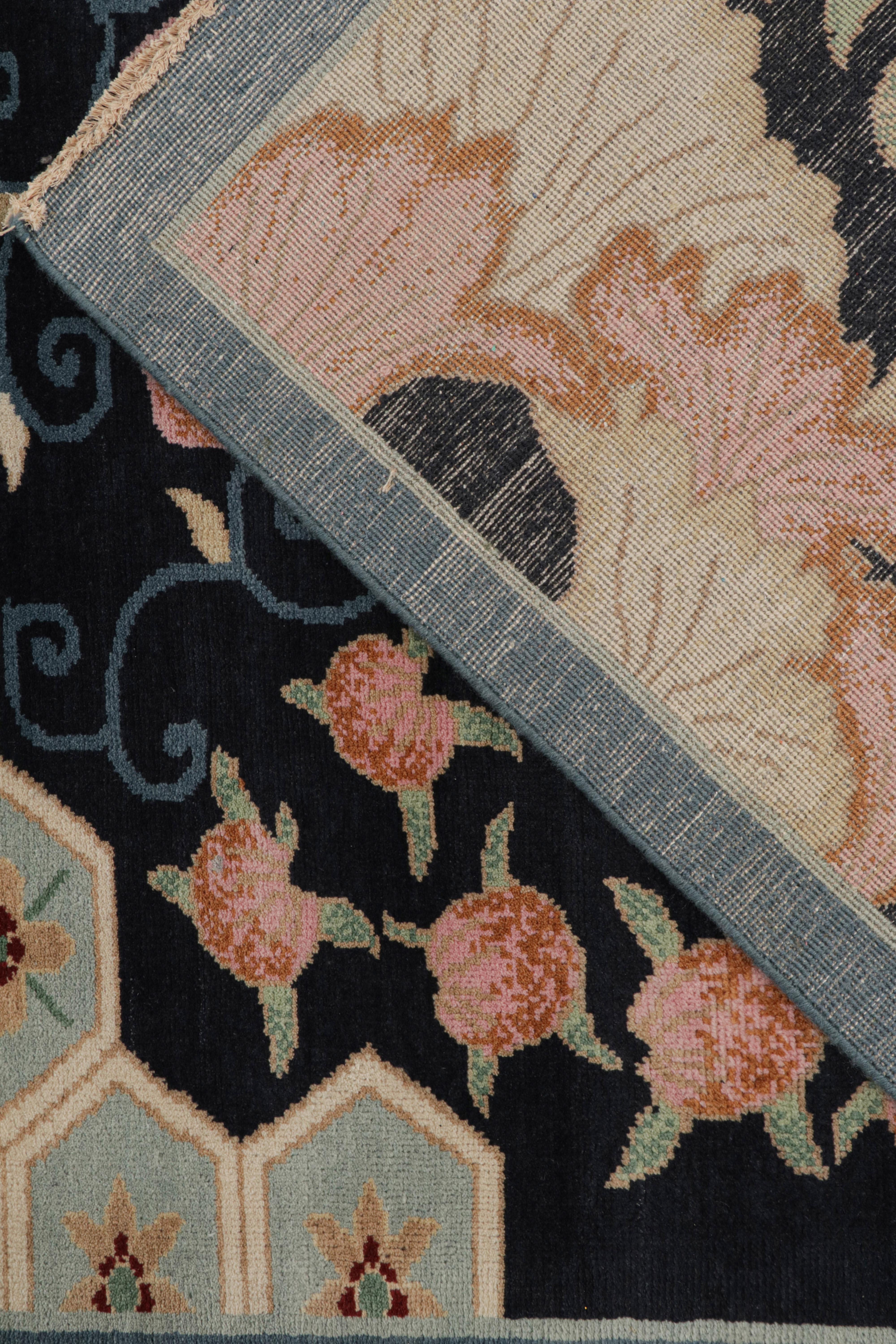 Wool Rug & Kilim’s Chinese Style Art Deco rug in Blue with Colorful Florals For Sale