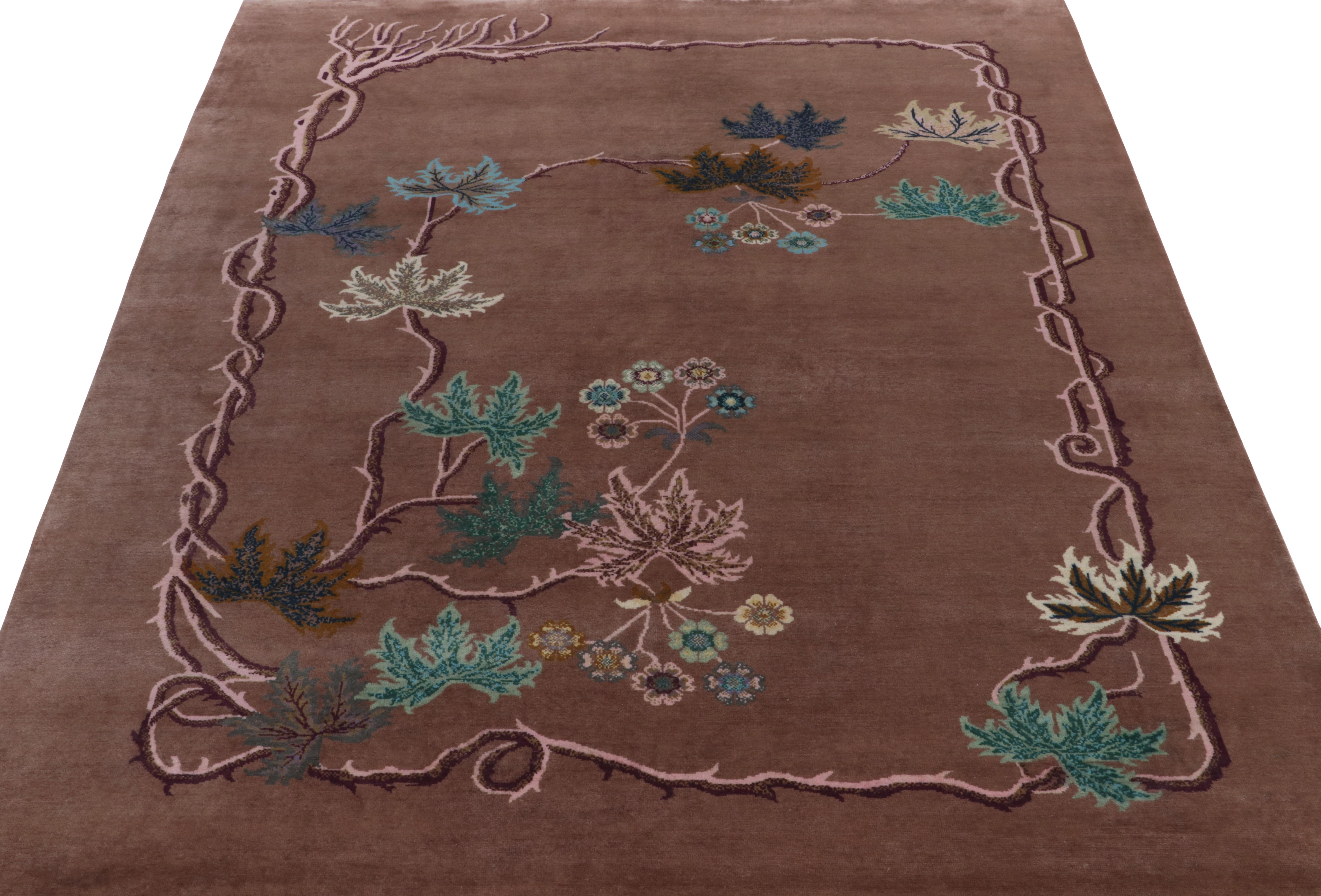 Art déco Rug & Kilim's Chinese Style Art Deco Rug in Brown, Bordeaux & Blue Florals en vente