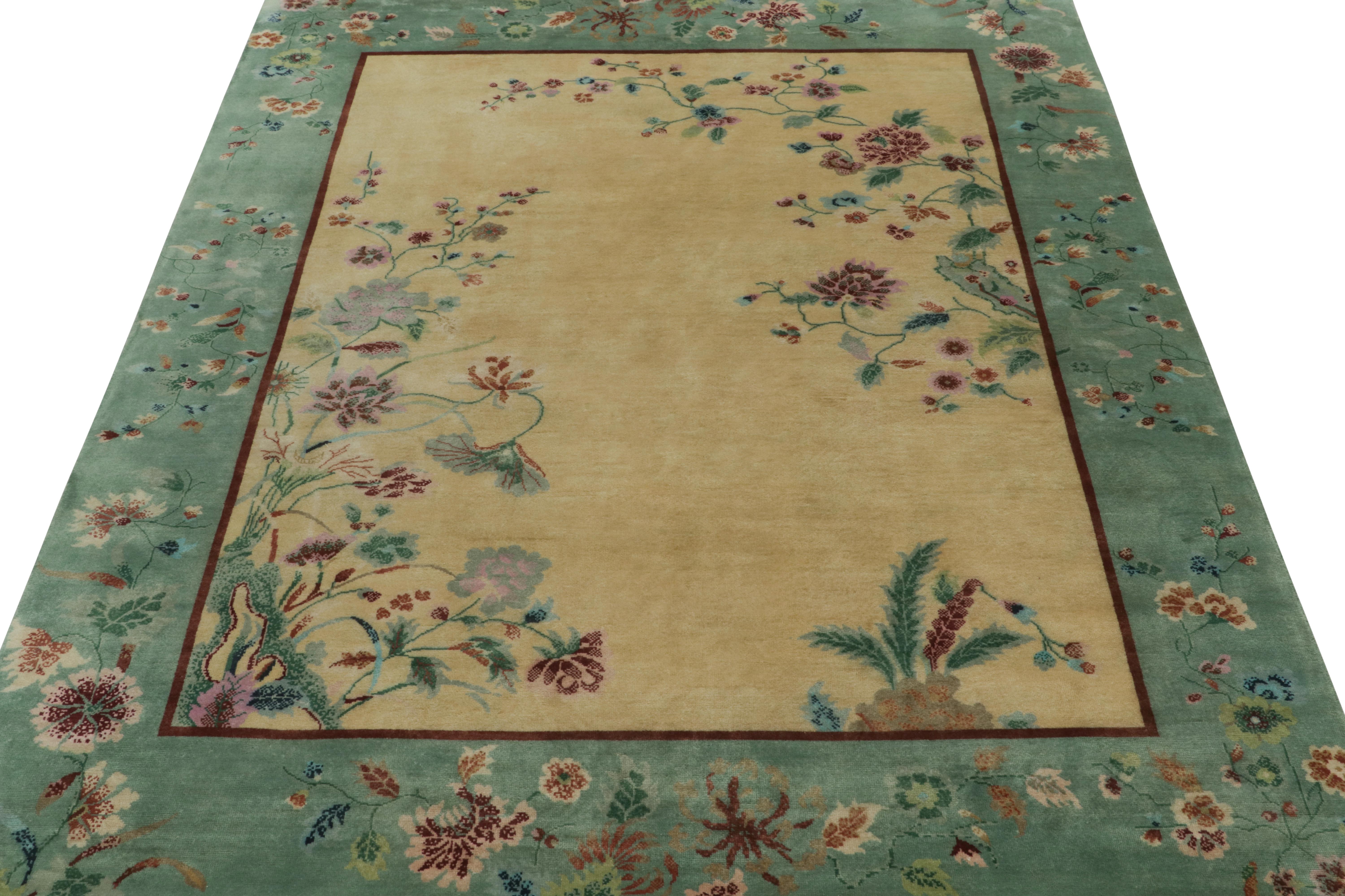 Indian Rug & Kilim’s Chinese Style Art Deco Rug in Gold & Green with Multicolor Florals For Sale