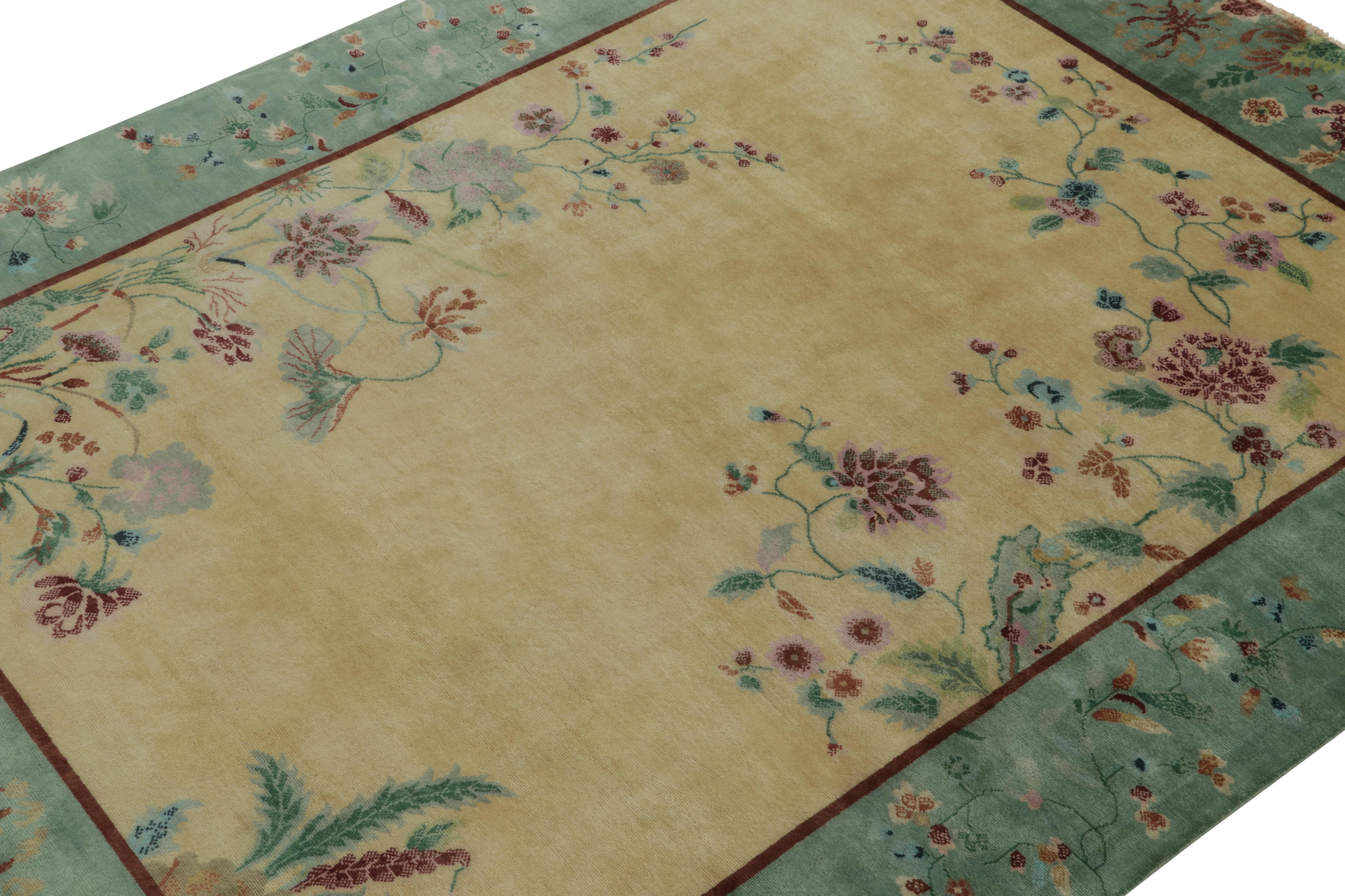 Hand-Knotted Rug & Kilim’s Chinese Style Art Deco Rug in Gold & Green with Multicolor Florals For Sale