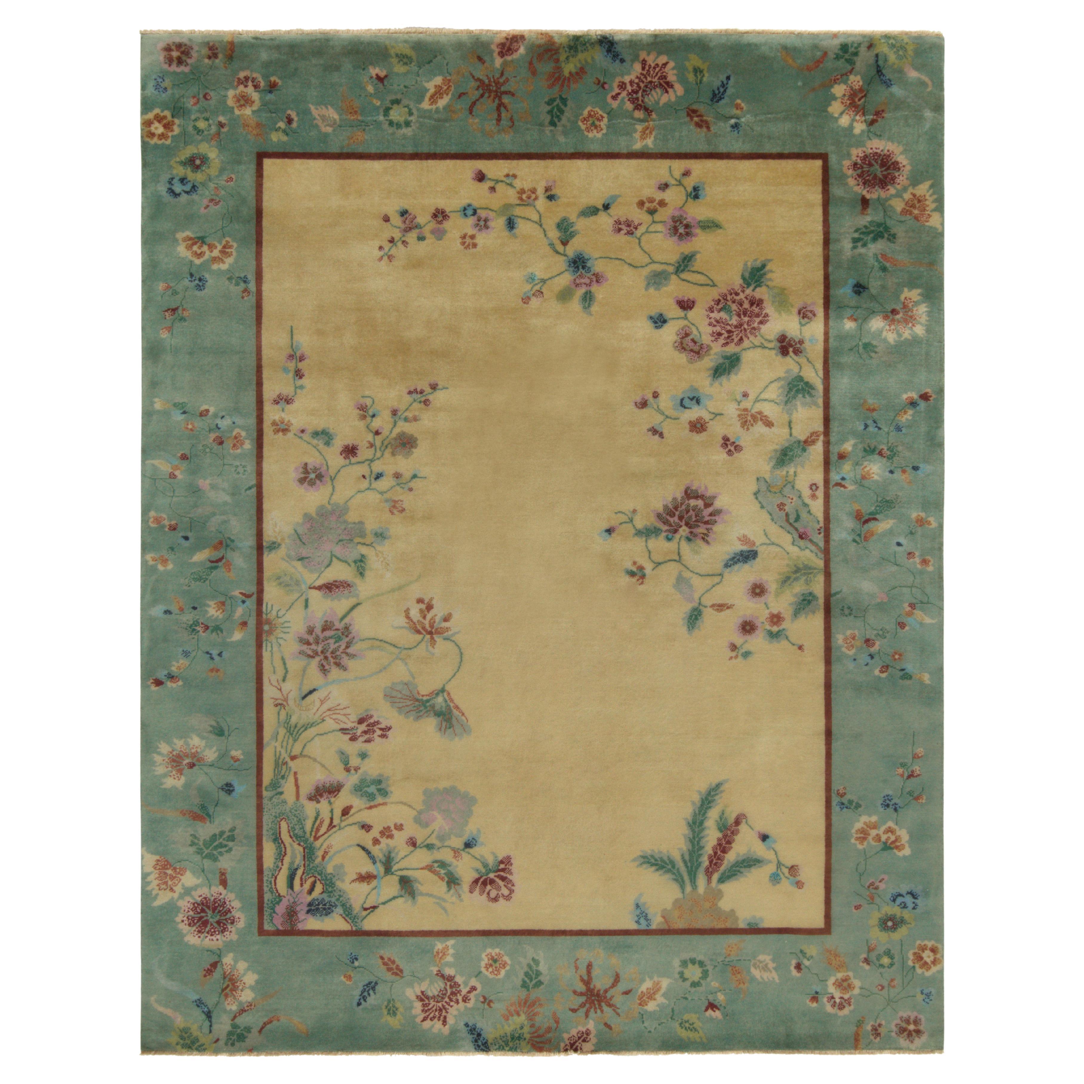 Rug & Kilim’s Chinese Style Art Deco Rug in Gold & Green with Multicolor Florals For Sale