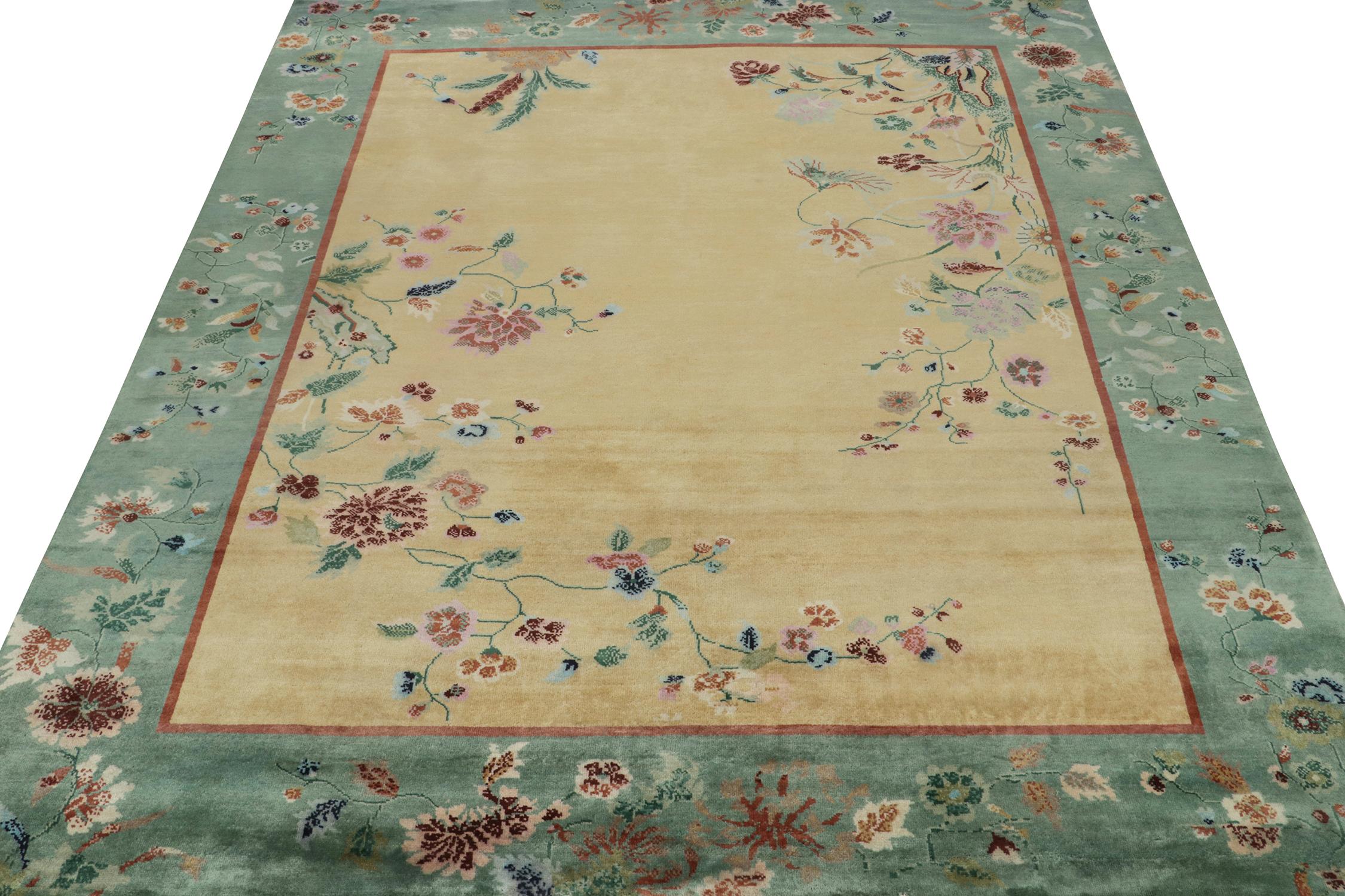 Indian Rug & Kilim’s Chinese Style Art Deco Rug in Gold with Multicolor Floral Patterns For Sale