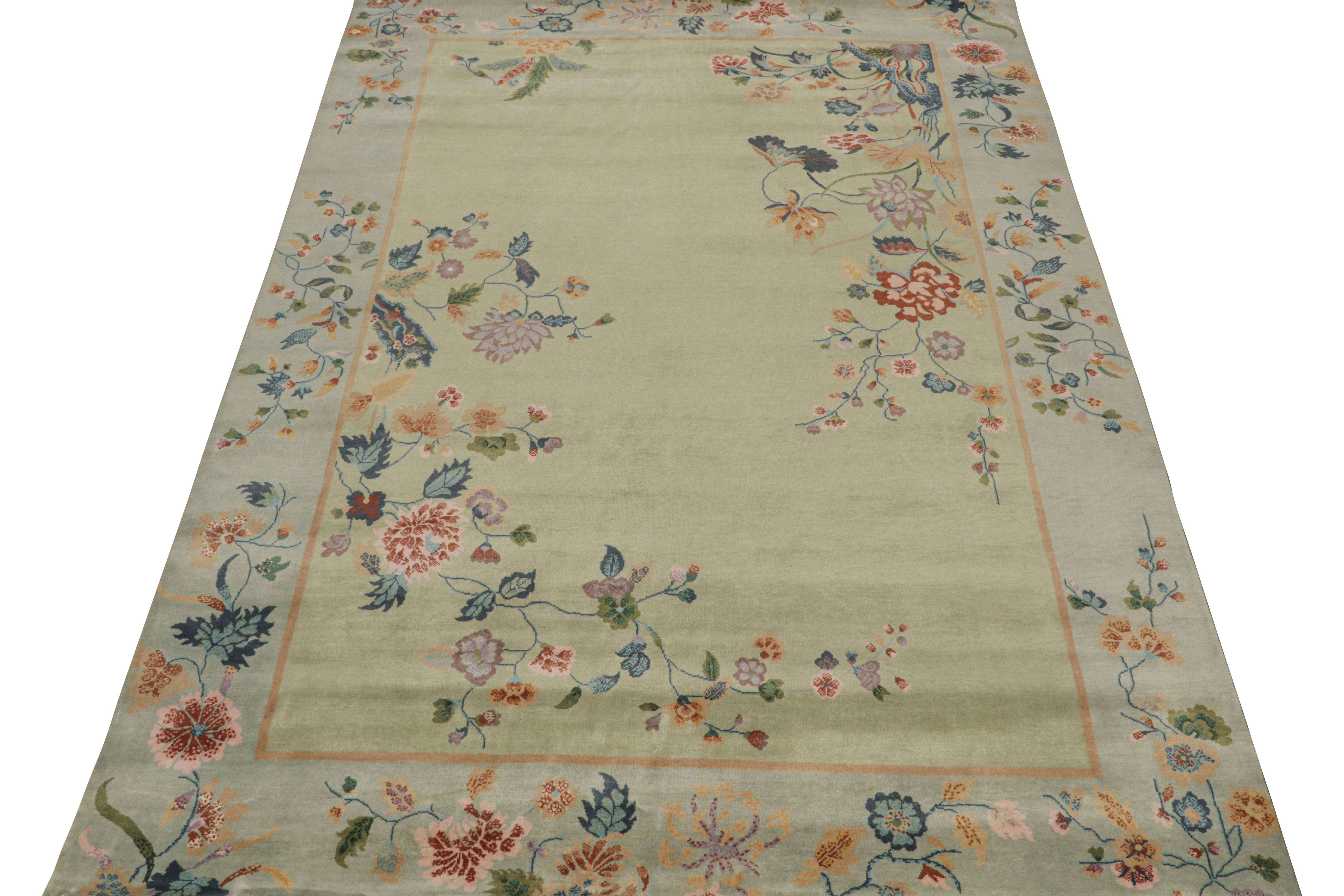 Indian Rug & Kilim’s Chinese Style Art Deco rug in Green & Blue with Colorful Florals For Sale
