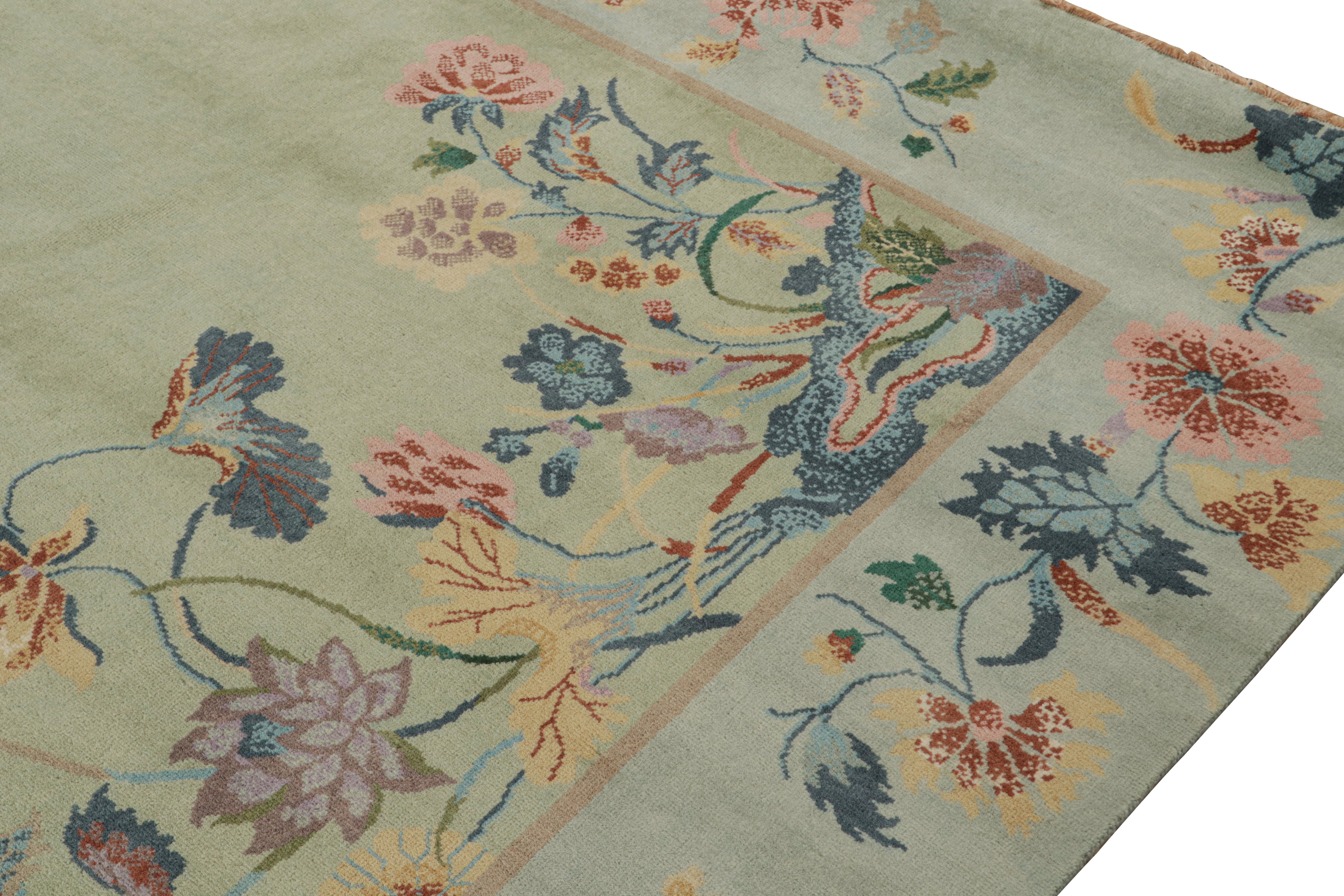 Art Déco Tappeto Rug & Kilim in stile cinese Art Deco in verde e blu con fiori colorati in vendita