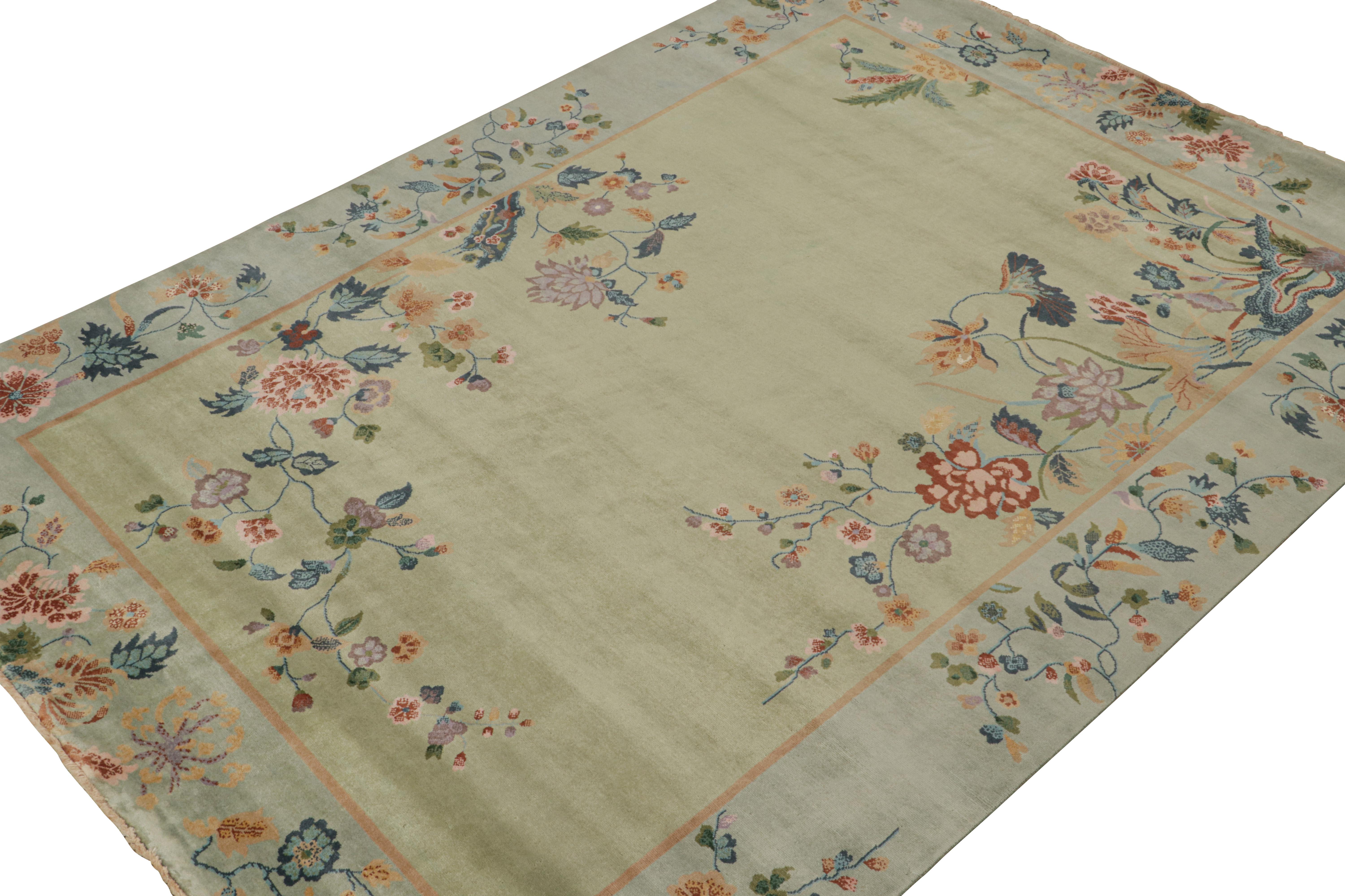 Hand-Knotted Rug & Kilim’s Chinese Style Art Deco rug in Green & Blue with Colorful Florals For Sale