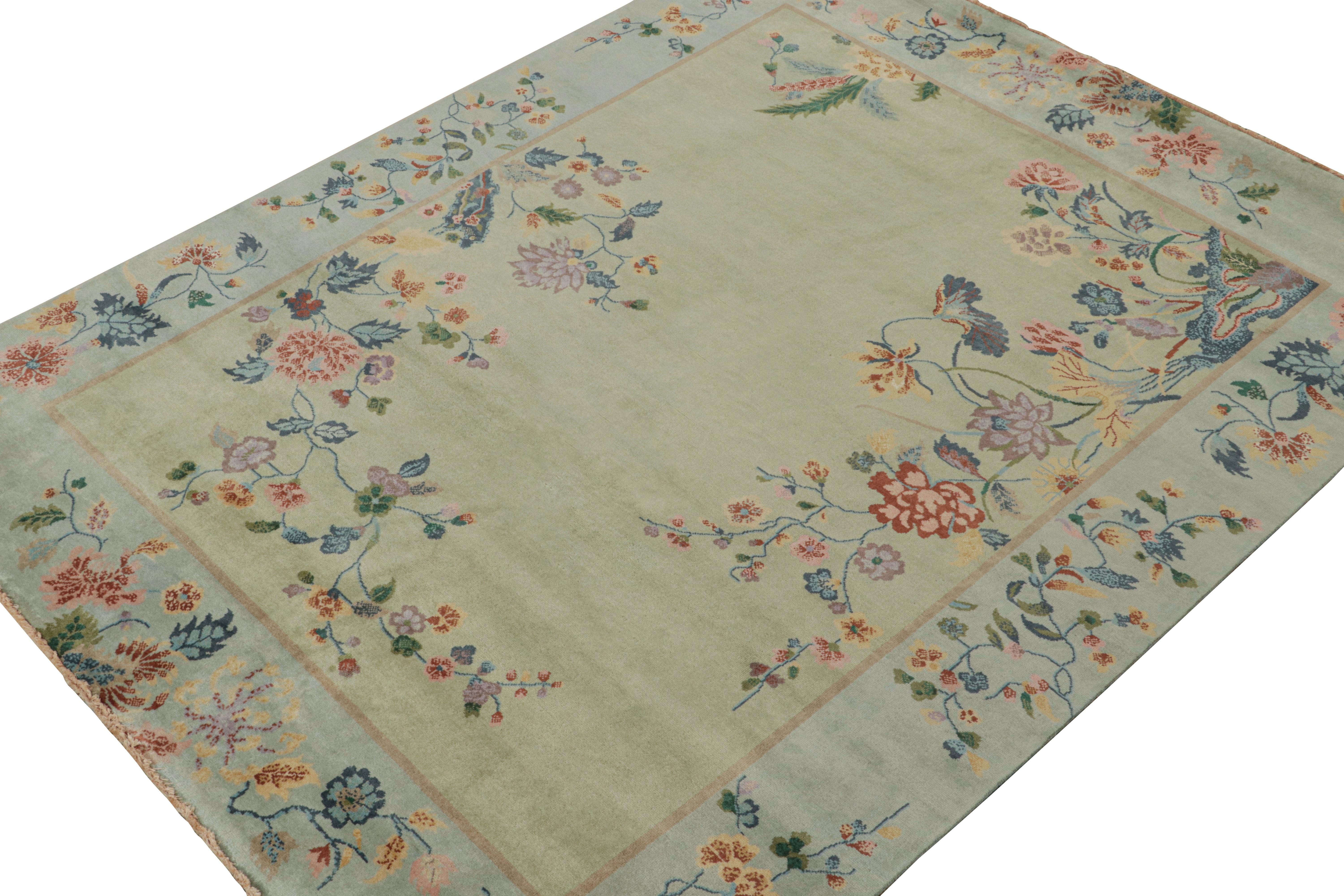 Indiano Tappeto Rug & Kilim in stile cinese Art Deco in verde e blu con fiori colorati in vendita