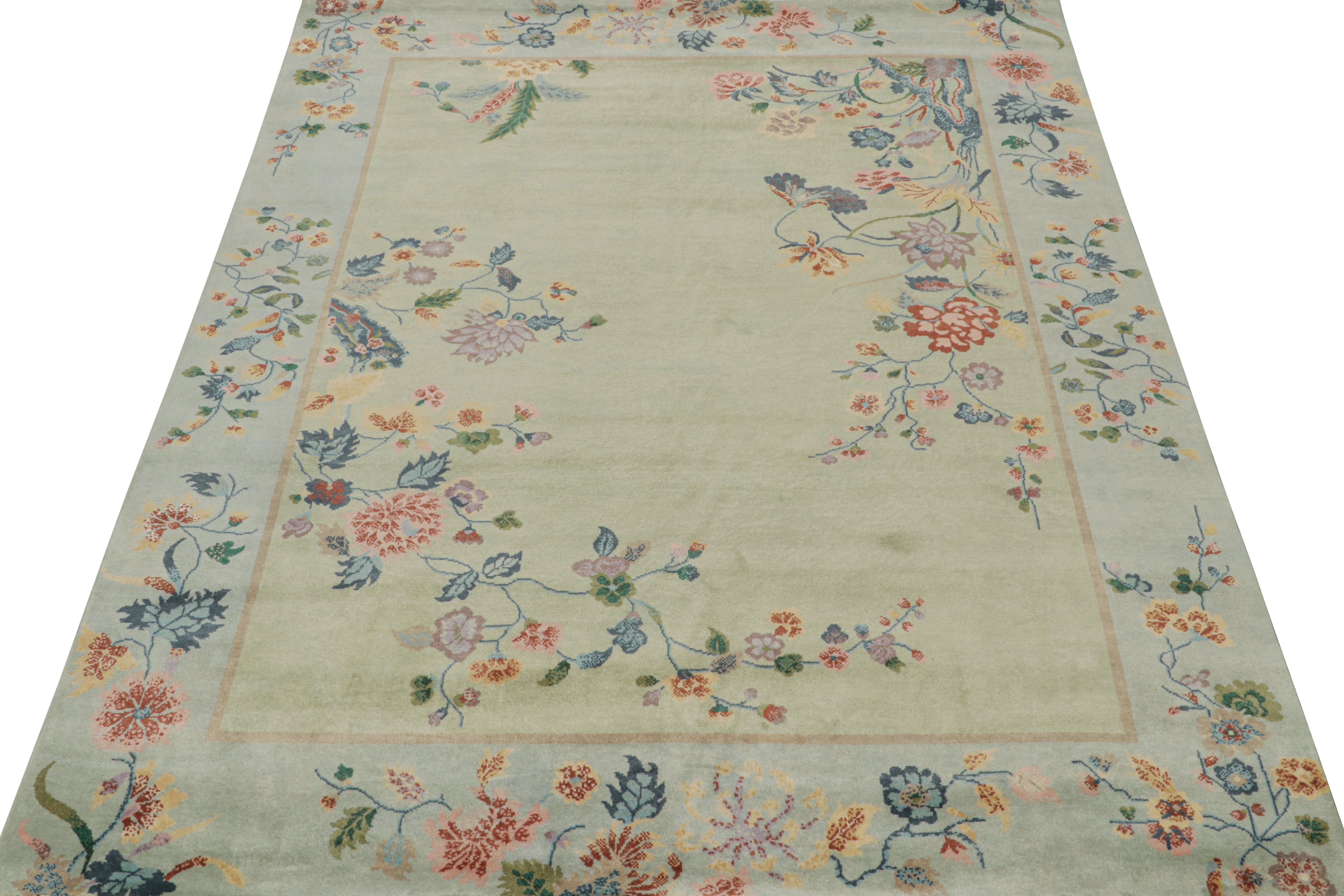Annodato a mano Tappeto Rug & Kilim in stile cinese Art Deco in verde e blu con fiori colorati in vendita