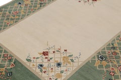 Rug & Kilim’s Chinese Style Art Deco Rug in Green & Ivory with Colorful Florals