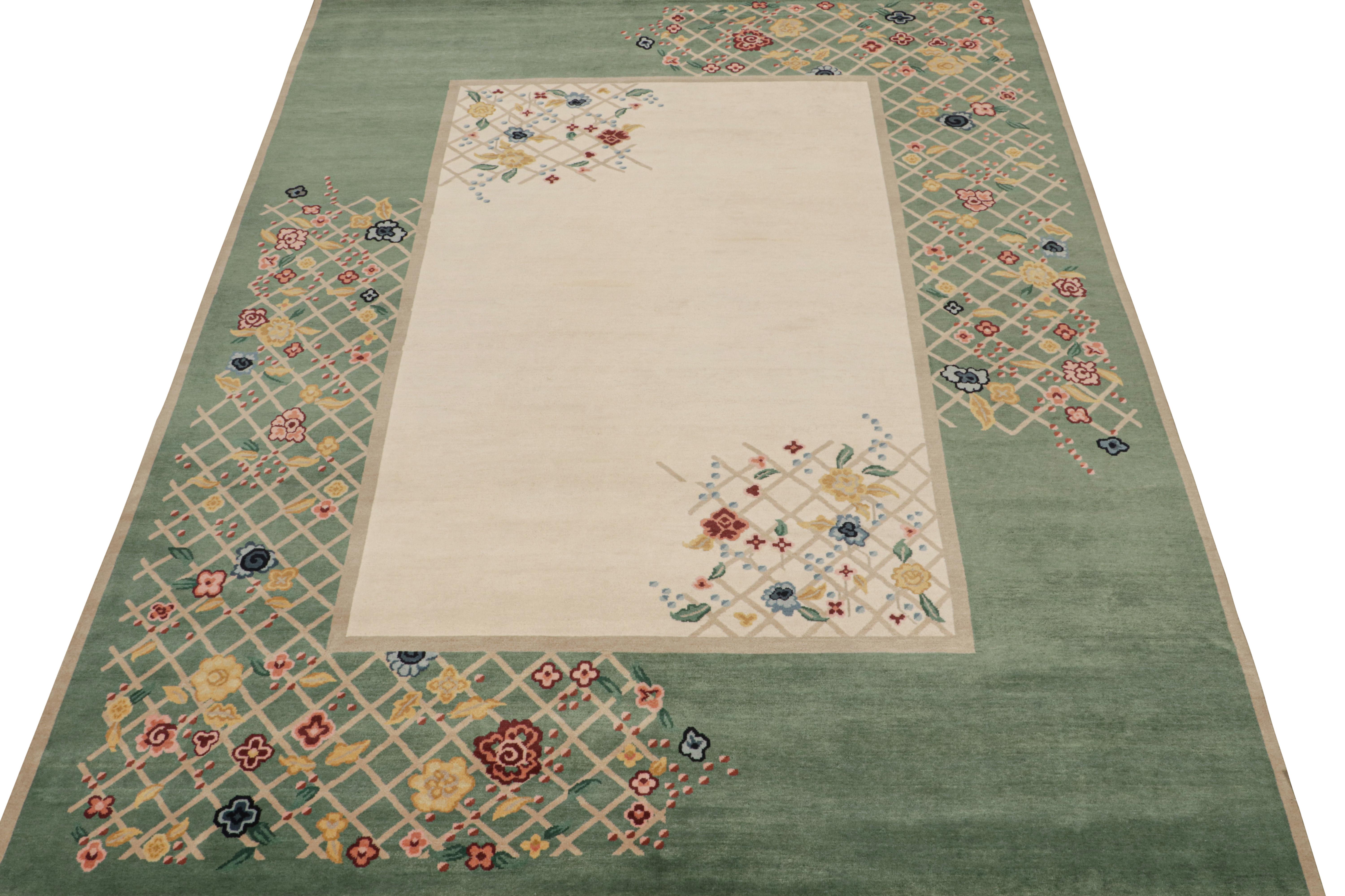 Indian Rug & Kilim’s Chinese Style Art Deco Rug in Green & Ivory with Colorful Florals For Sale