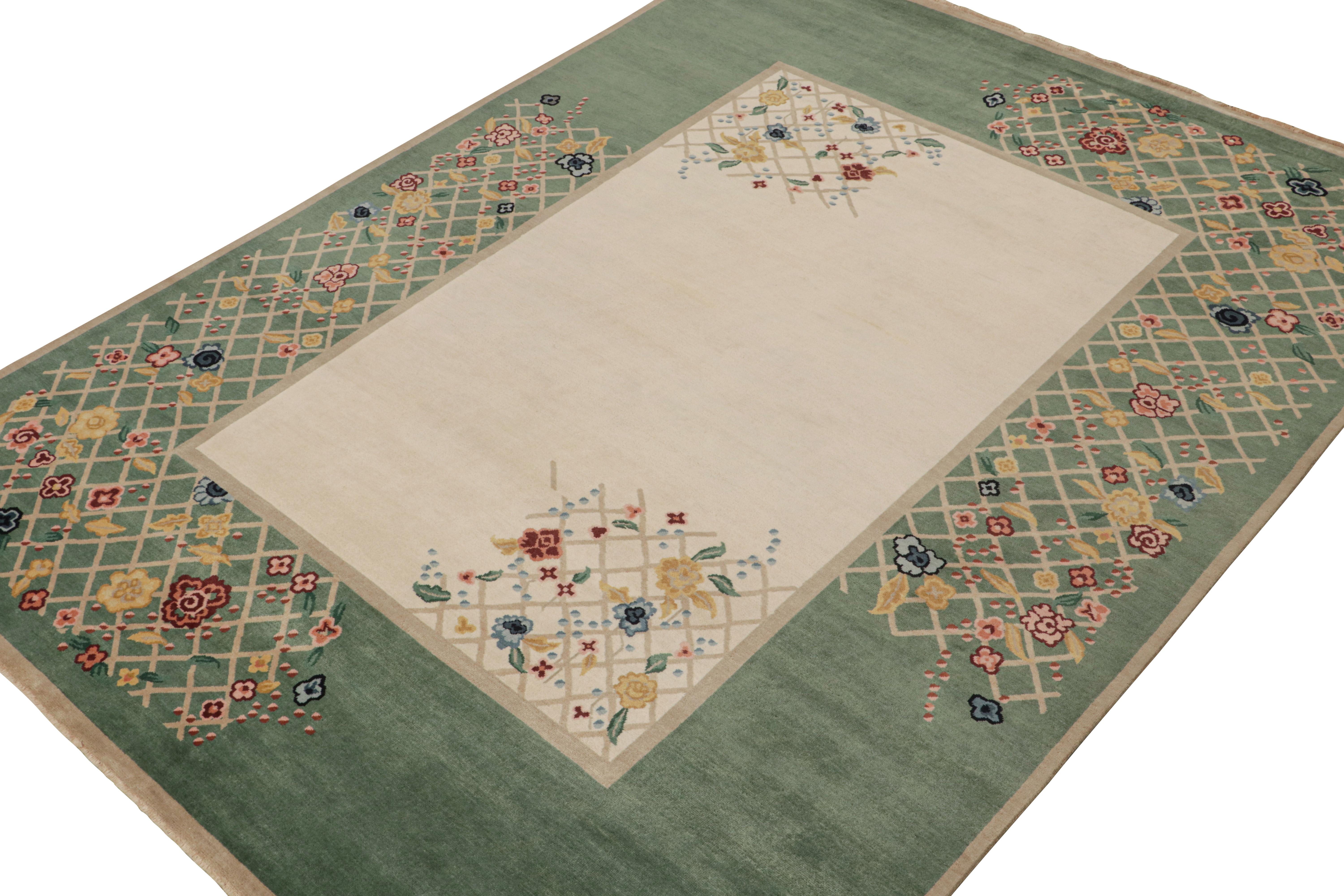 Hand-Knotted Rug & Kilim’s Chinese Style Art Deco Rug in Green & Ivory with Colorful Florals For Sale