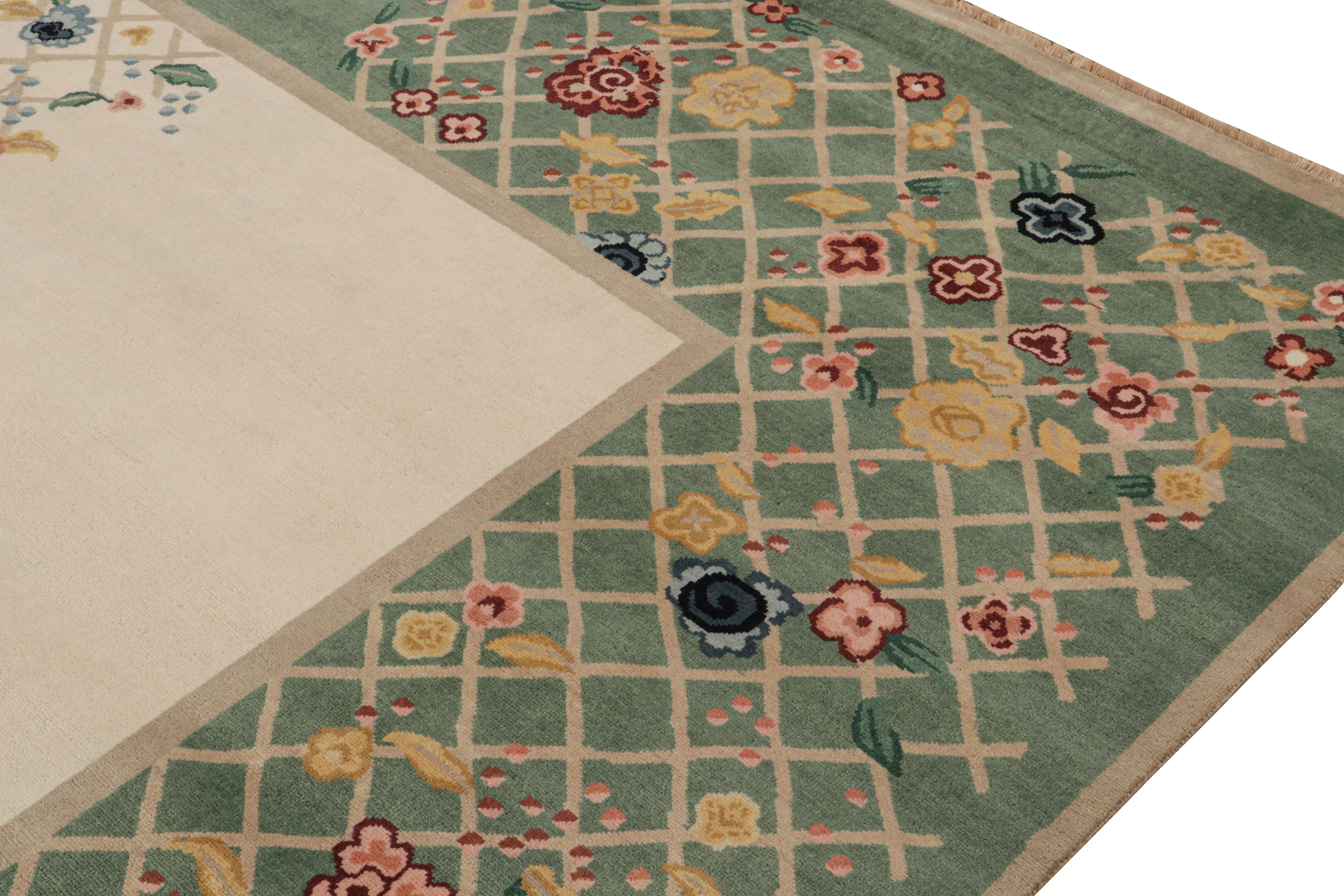 Rug & Kilim’s Chinese Style Art Deco Rug in Green & Ivory with Colorful Florals In New Condition For Sale In Long Island City, NY