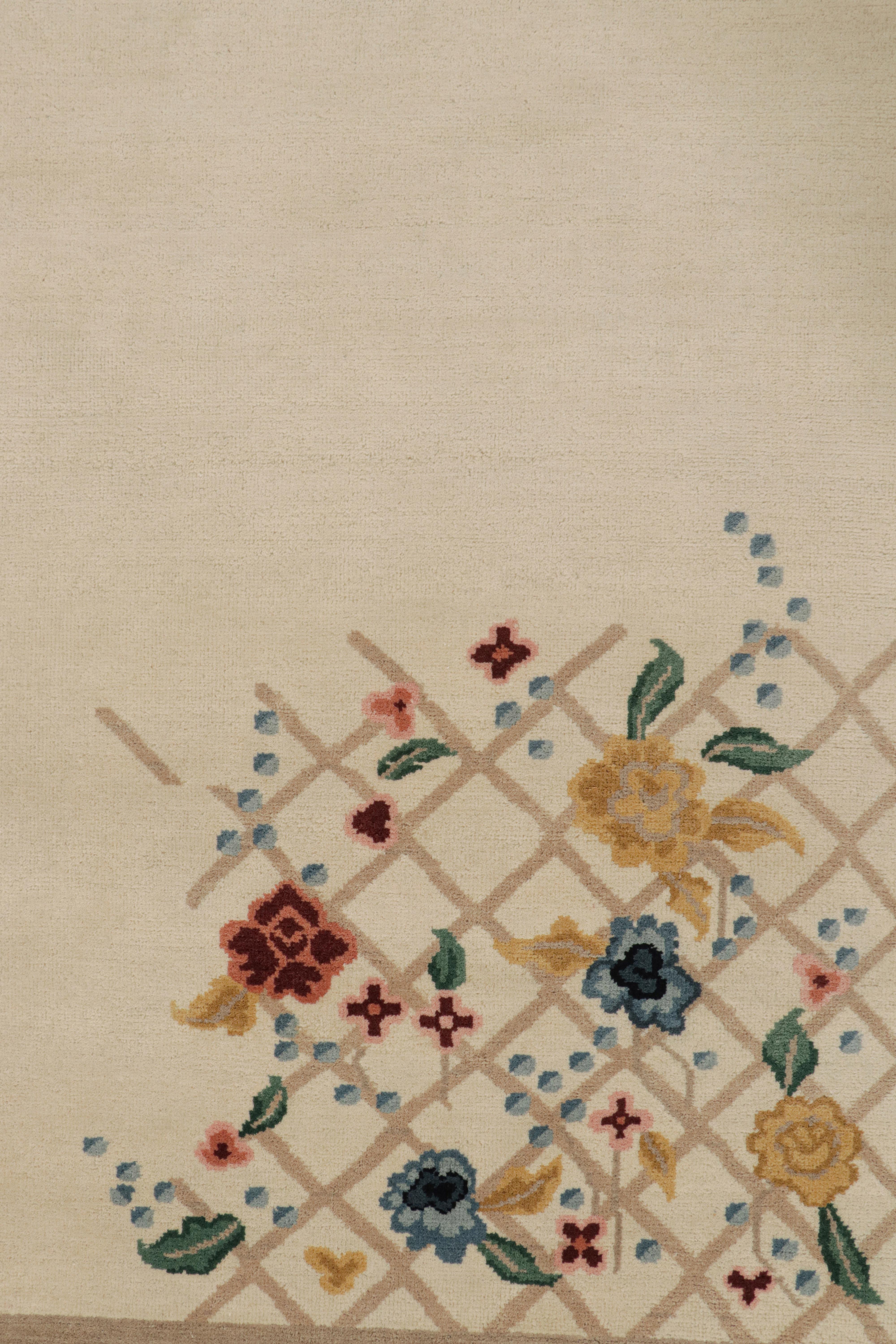 Contemporary Rug & Kilim’s Chinese Style Art Deco Rug in Green & Ivory with Colorful Florals For Sale