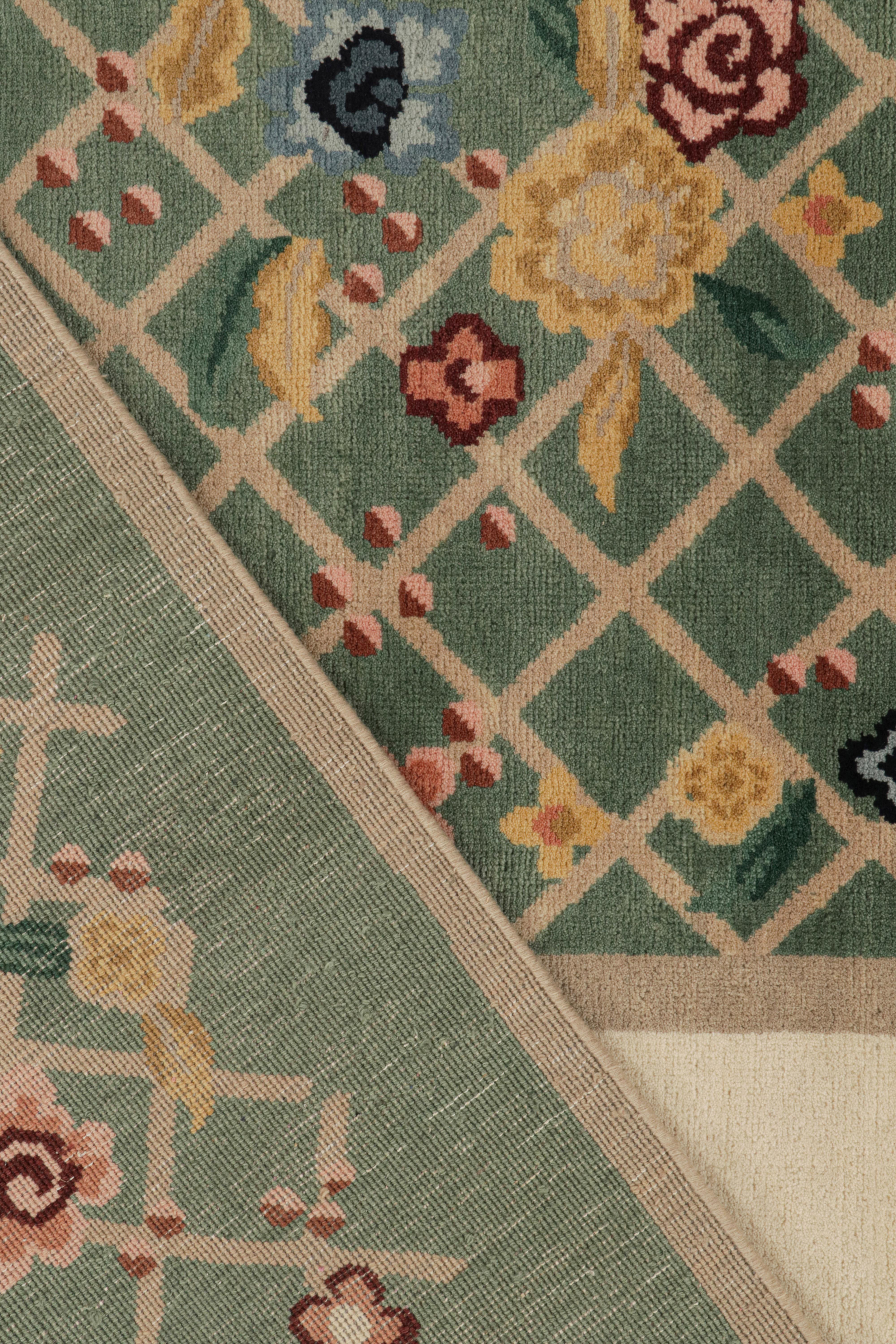 Wool Rug & Kilim’s Chinese Style Art Deco Rug in Green & Ivory with Colorful Florals For Sale
