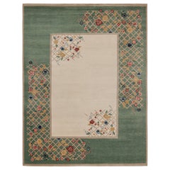Rug & Kilim’s Chinese Style Art Deco Rug in Green & Ivory with Colorful Florals