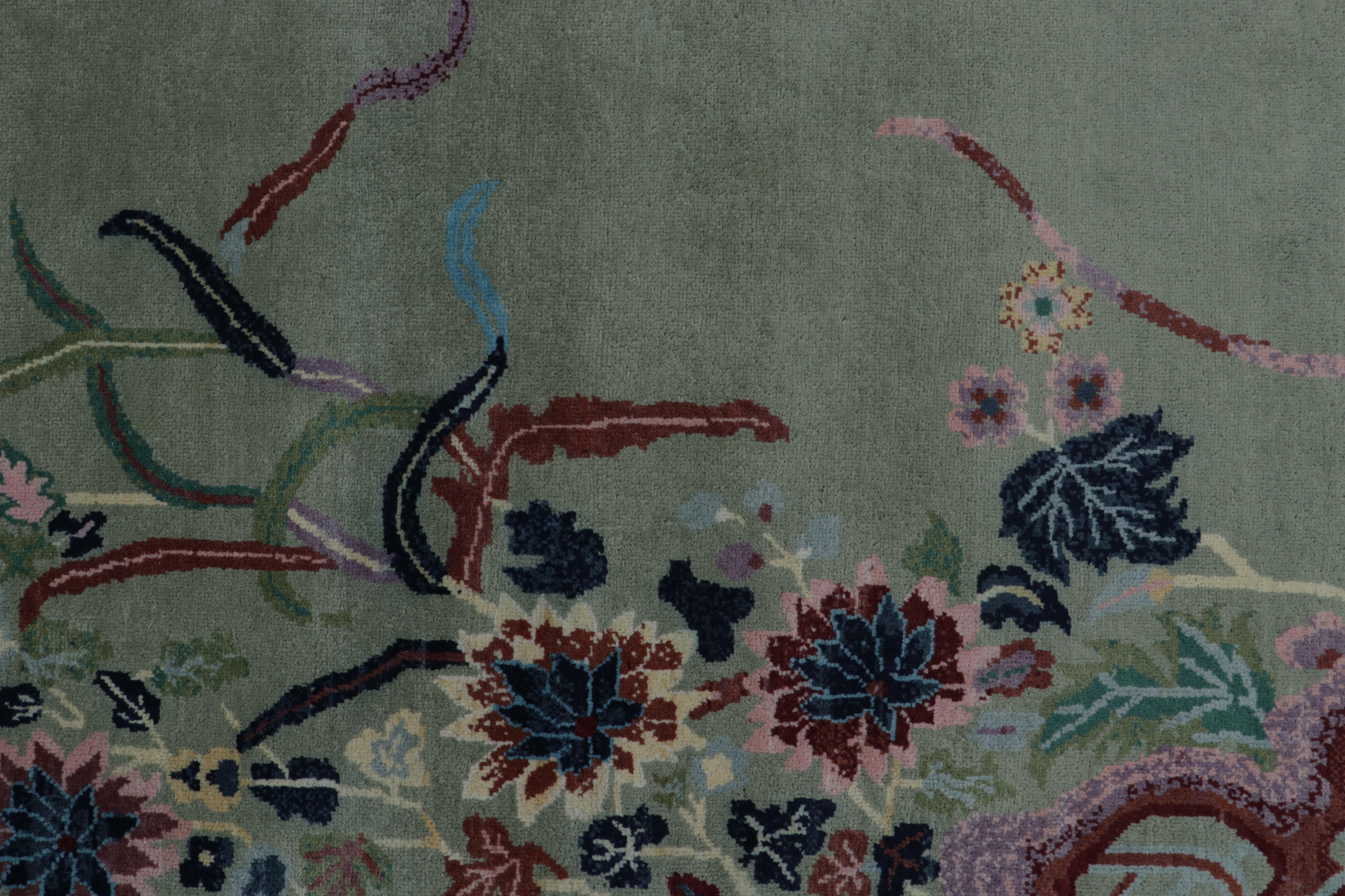 Tapis & Kilim's Chinese Style Art Deco Rug in Green with Blue Floral Patterns 9x10 Neuf - En vente à Long Island City, NY