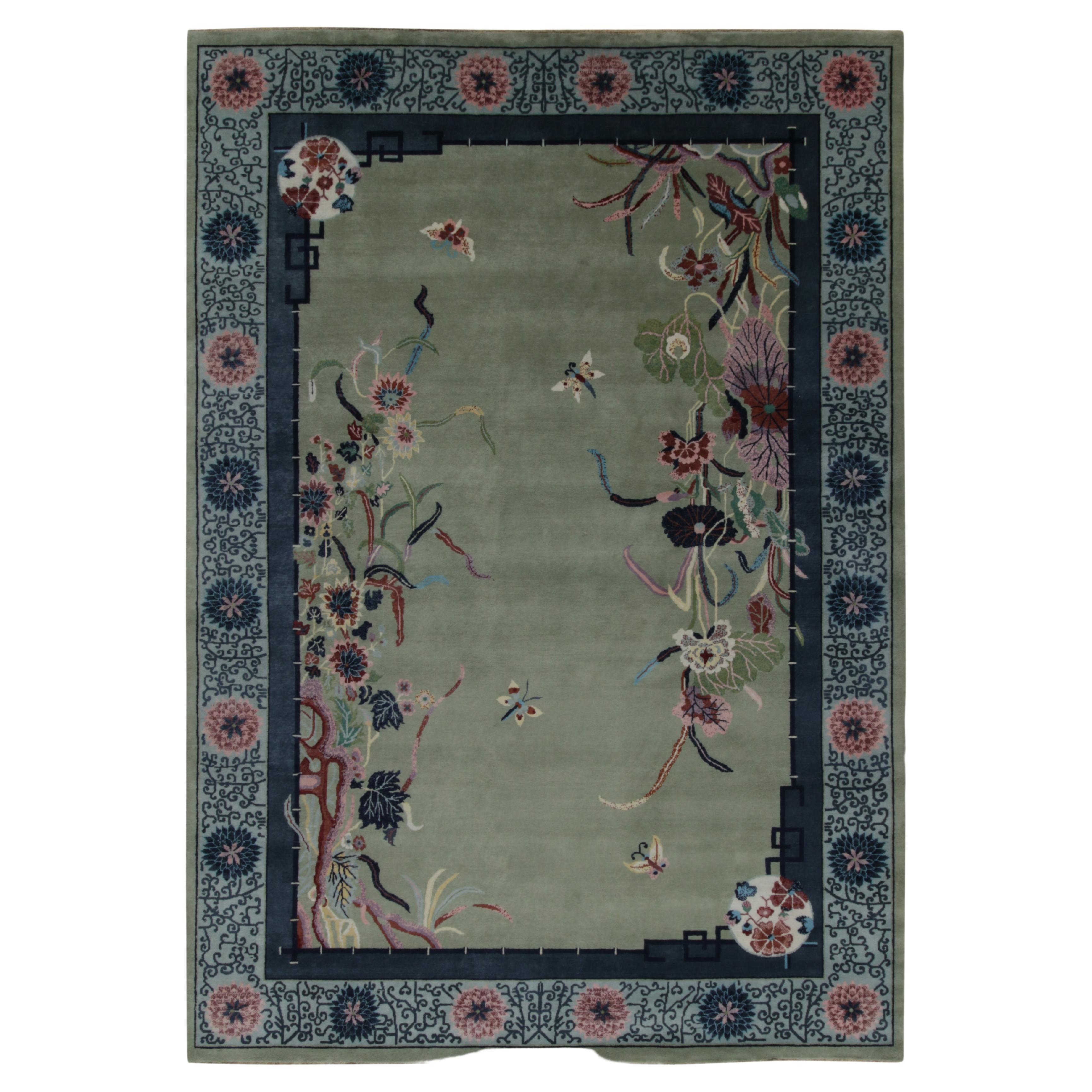 Tapis & Kilim's Chinese Style Art Deco Rug in Green with Blue Floral Patterns 9x10