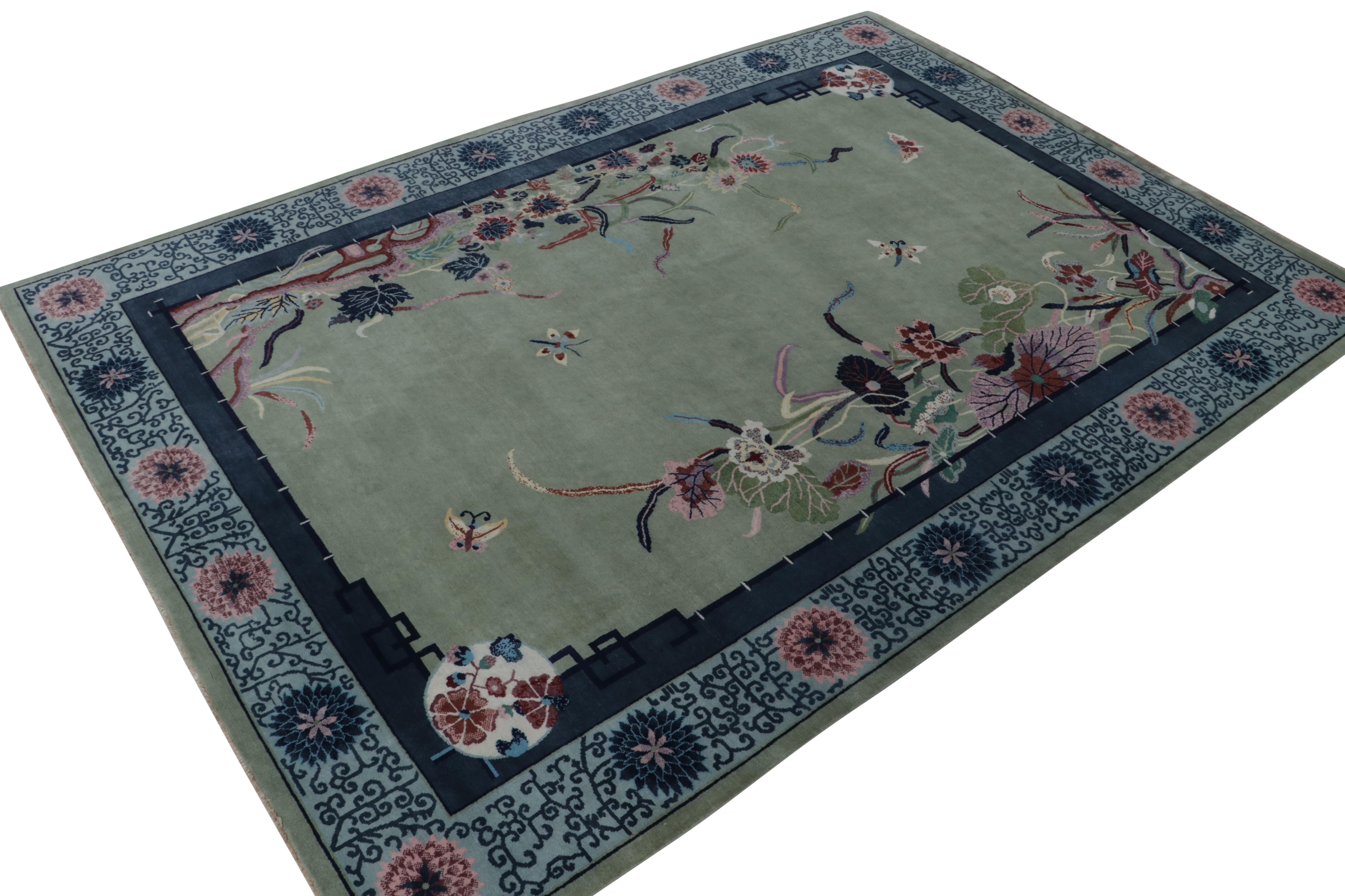 This 10x14 ode to Chinese Art Deco rug is a grand addition to Rug & Kilim’s newly inspired Deco Collection. Hand-knotted in wool.
Further on the Design: 
This piece boasts the minimalist Deco style of the 1920s, and enjoys a brilliant play of