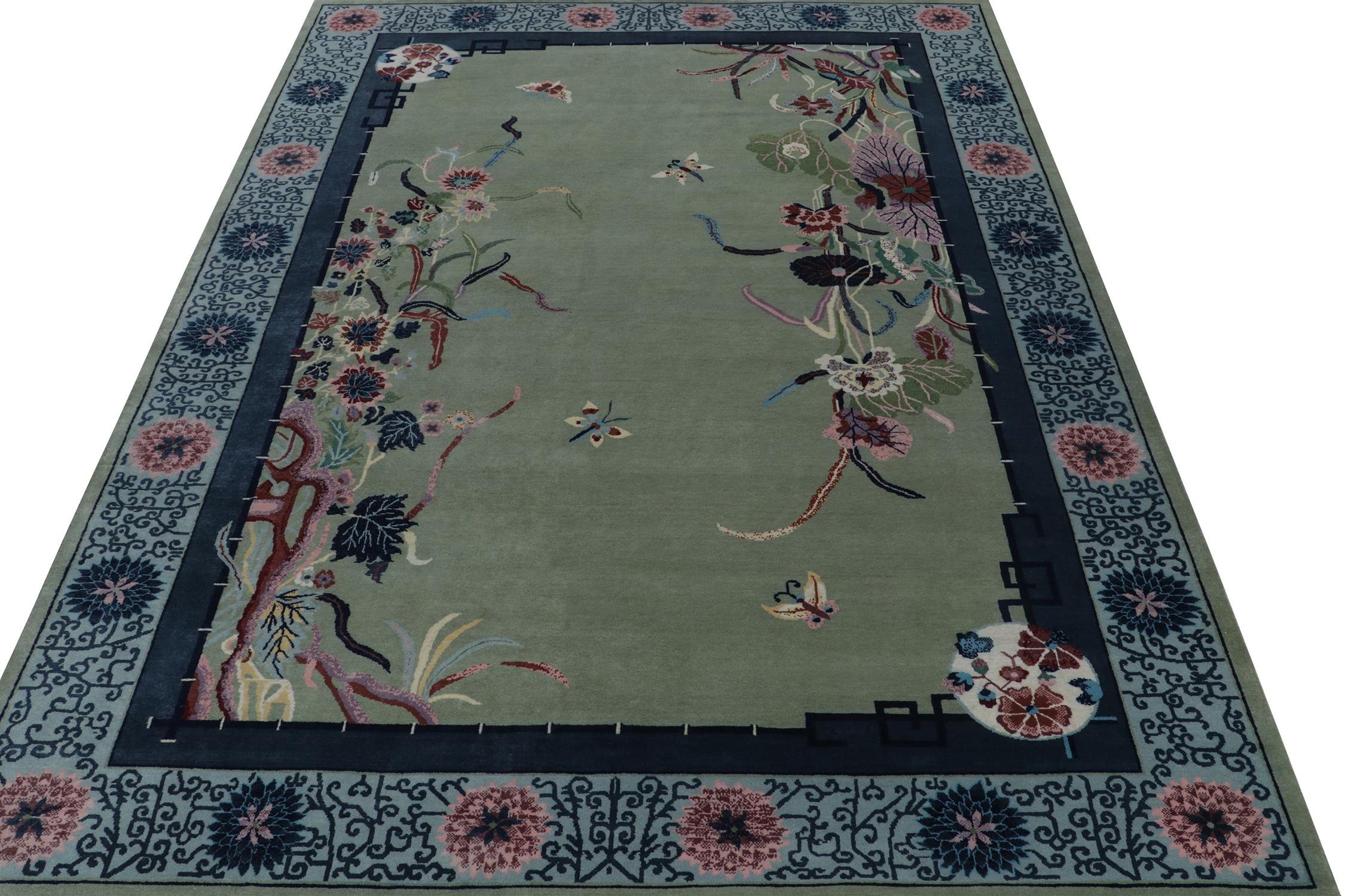 Indian Rug & Kilim’s Chinese Style Art Deco Rug in Green with Blue Floral Patterns