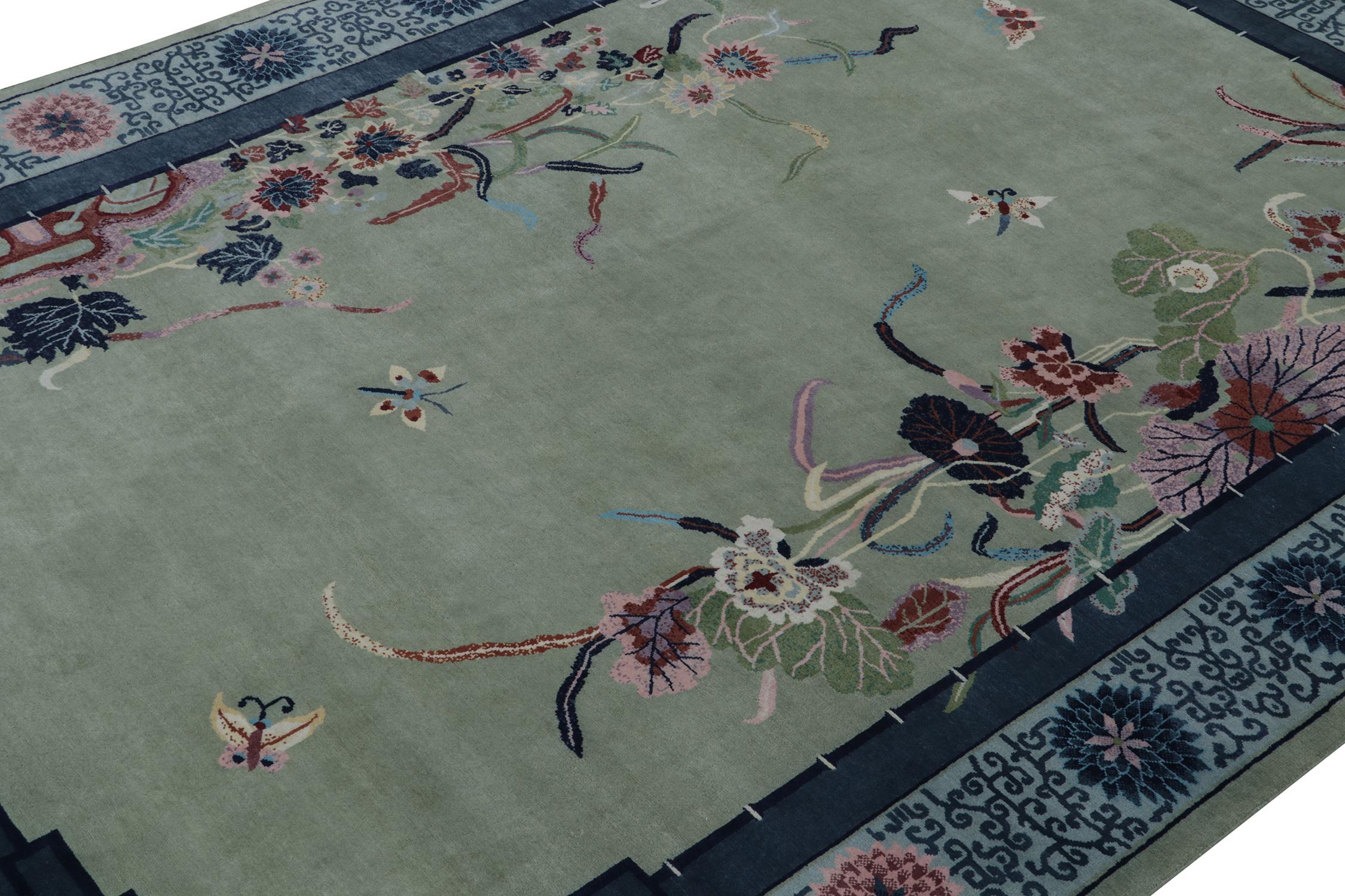 Hand-Knotted Rug & Kilim’s Chinese Style Art Deco Rug in Green with Blue Floral Patterns