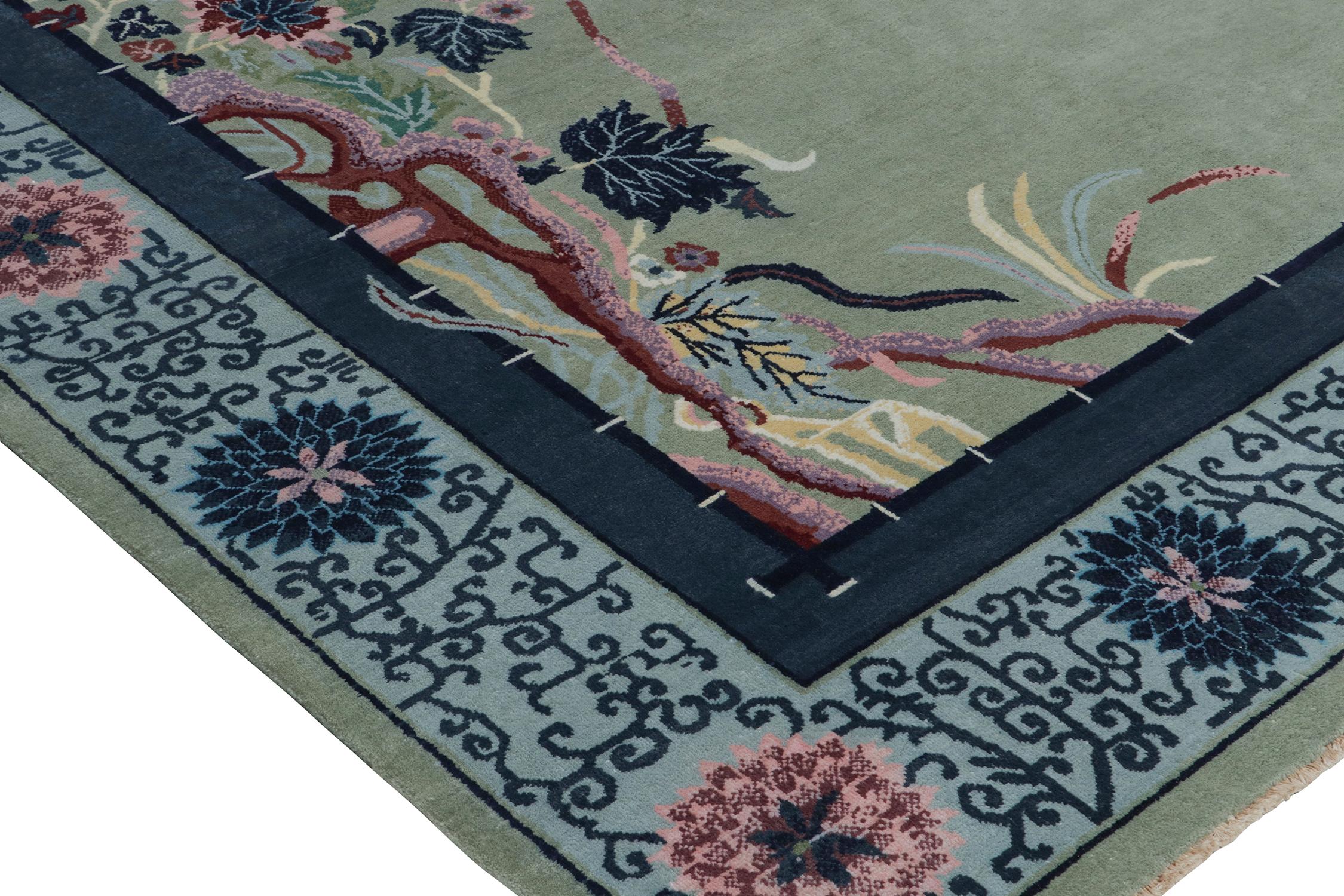 Rug & Kilim’s Chinese Style Art Deco Rug in Green with Blue Floral Patterns In New Condition For Sale In Long Island City, NY