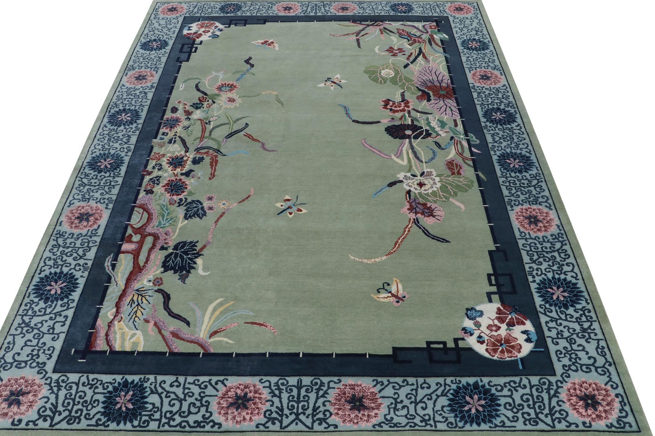 Indian Rug & Kilim’s Chinese Style Art Deco Rug in Green with Blue Floral Patterns For Sale