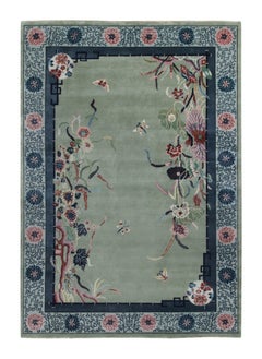 Rug & Kilim’s Chinese Style Art Deco Rug in Green with Blue Floral Patterns