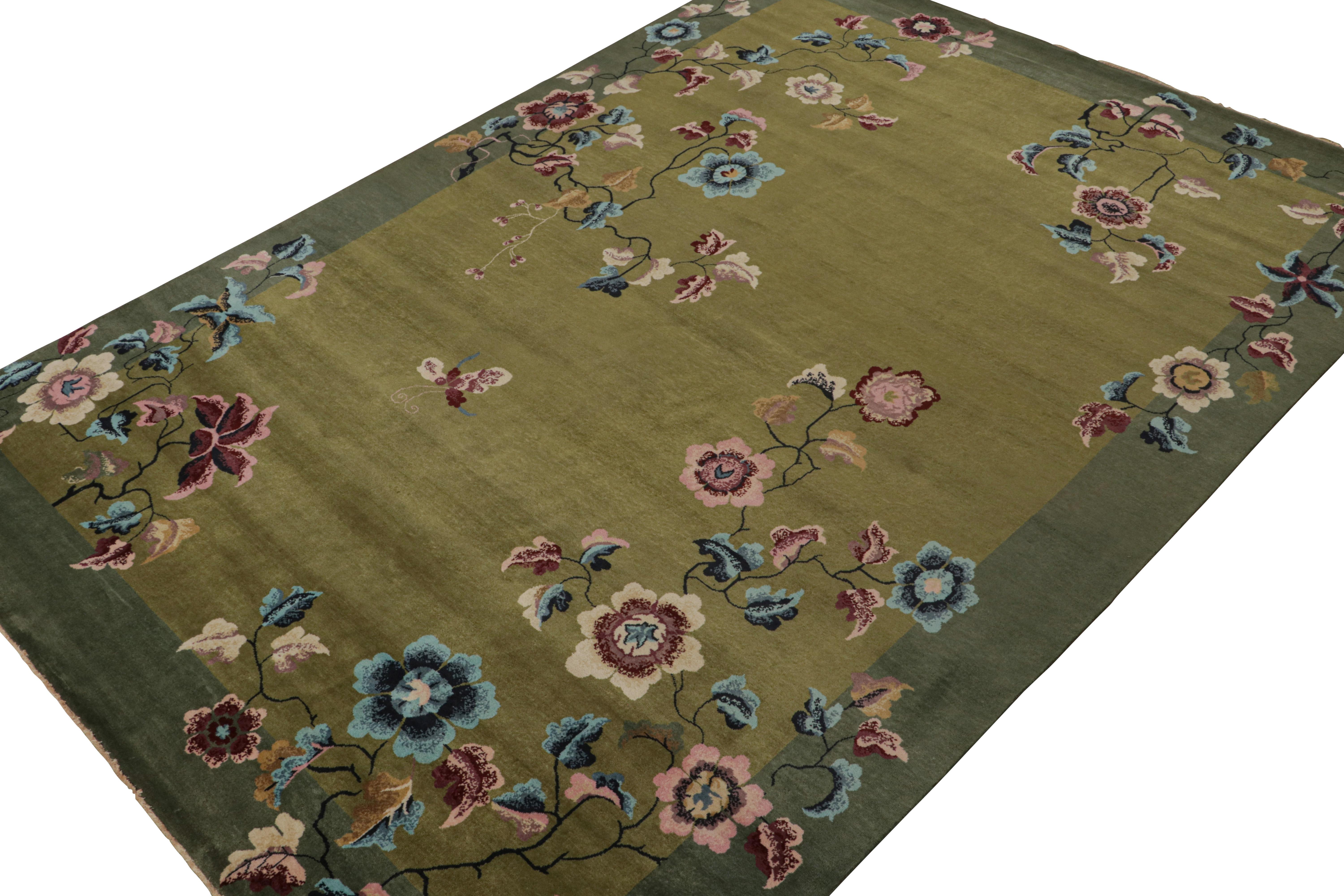 Hand-Knotted Rug & Kilim’s Chinese Style Art Deco rug in Green with Colorful Florals For Sale
