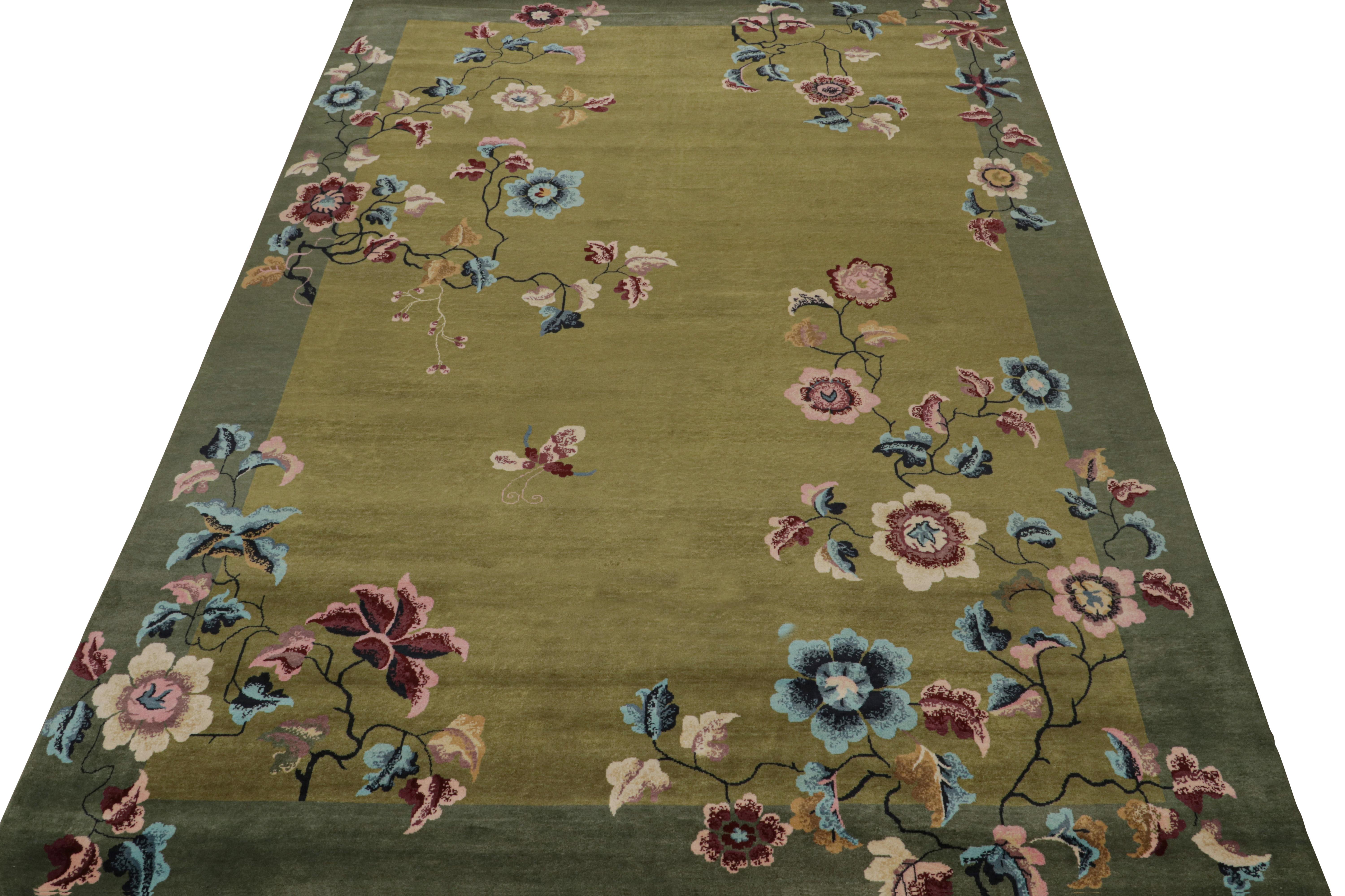 Rug & Kilim’s Chinese Style Art Deco rug in Green with Colorful Florals In New Condition For Sale In Long Island City, NY