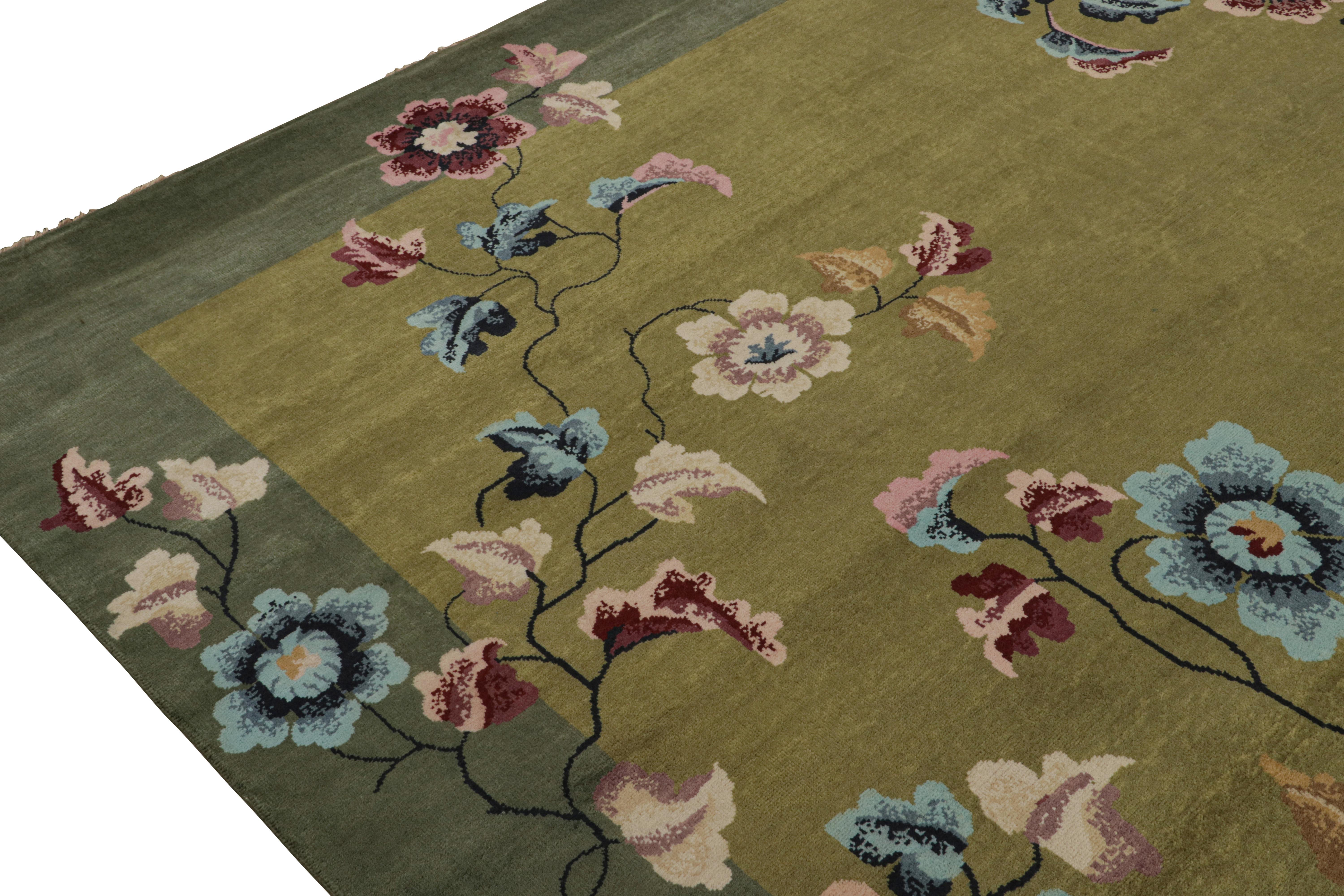 Contemporary Rug & Kilim’s Chinese Style Art Deco rug in Green with Colorful Florals For Sale